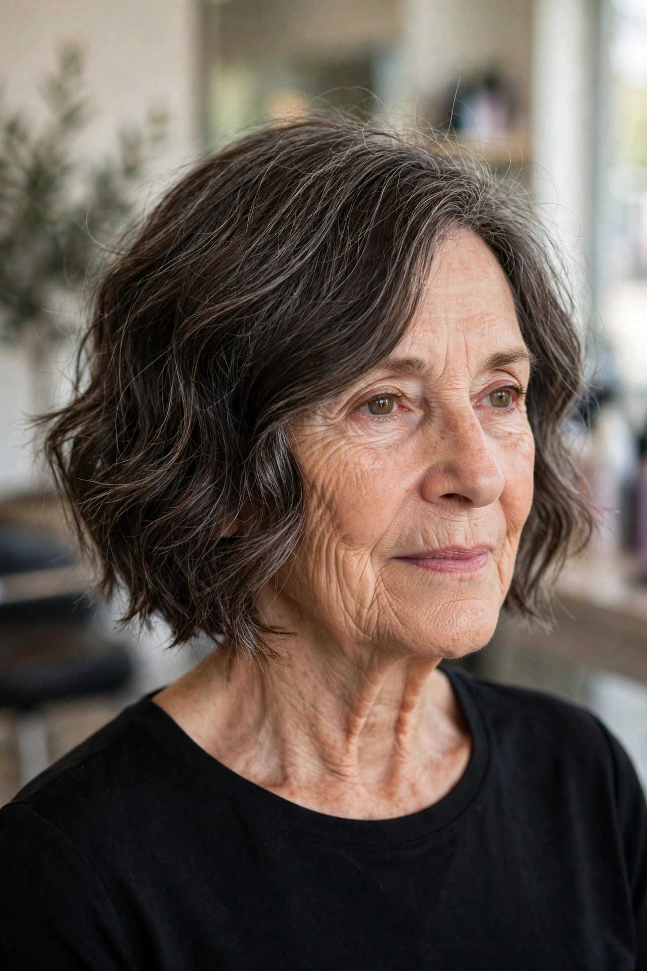 Asymmetrical Wavy Bob on a woman over 60 with fine hair