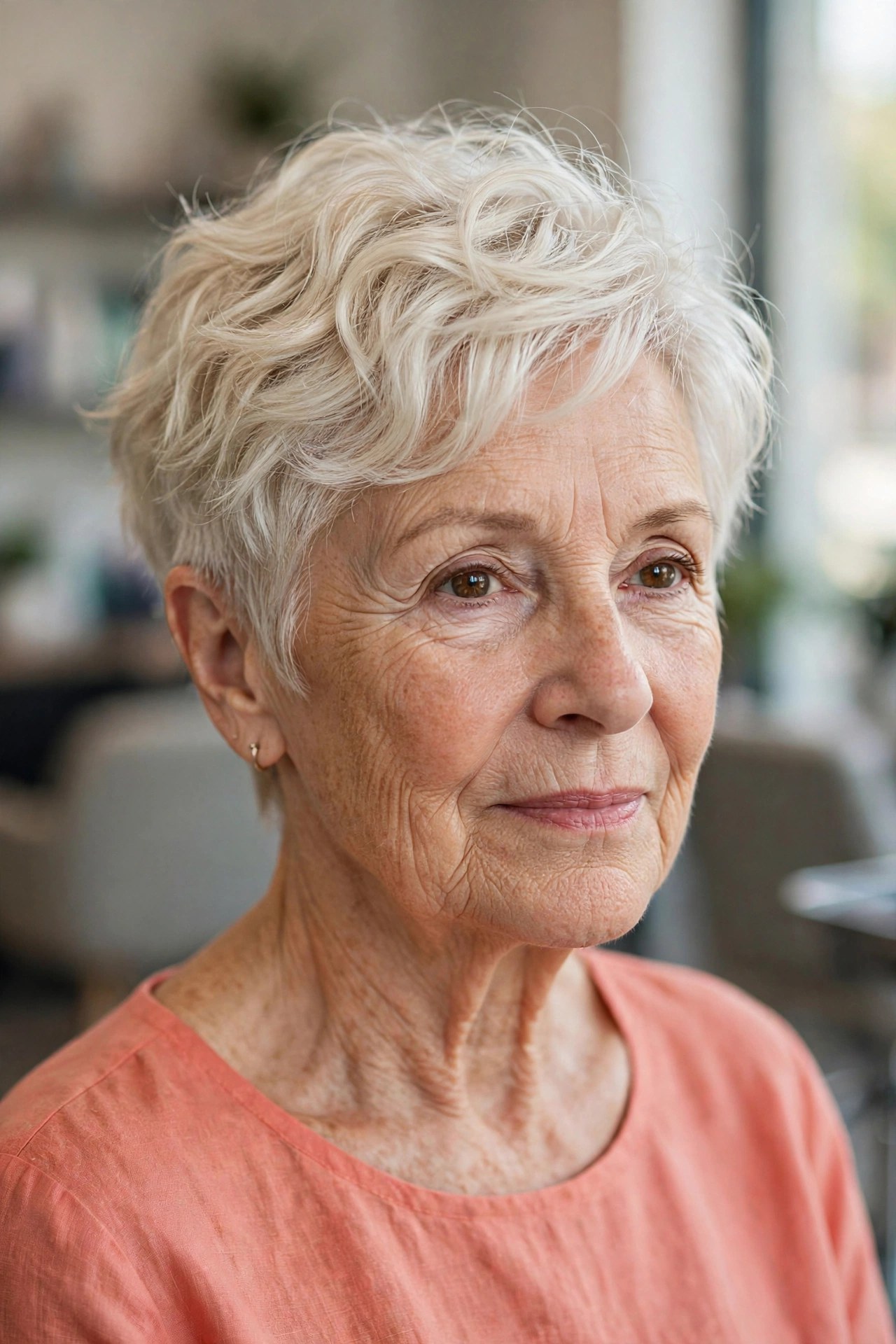 Wavy Crop With a Longer Top and Short Sides on a woman over 60 with fine hair