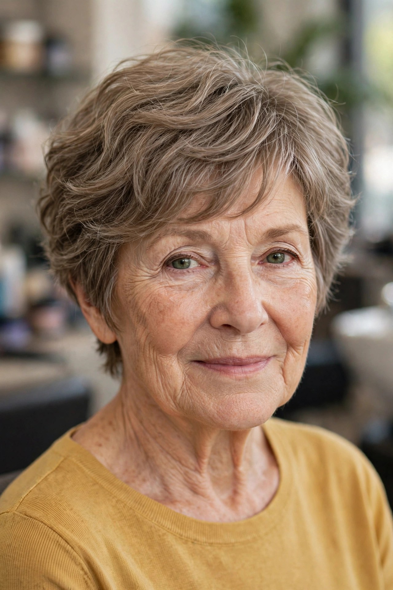 Voluminous Wavy Pixie With Side-Swept Bangs on a woman over 60 with fine hair