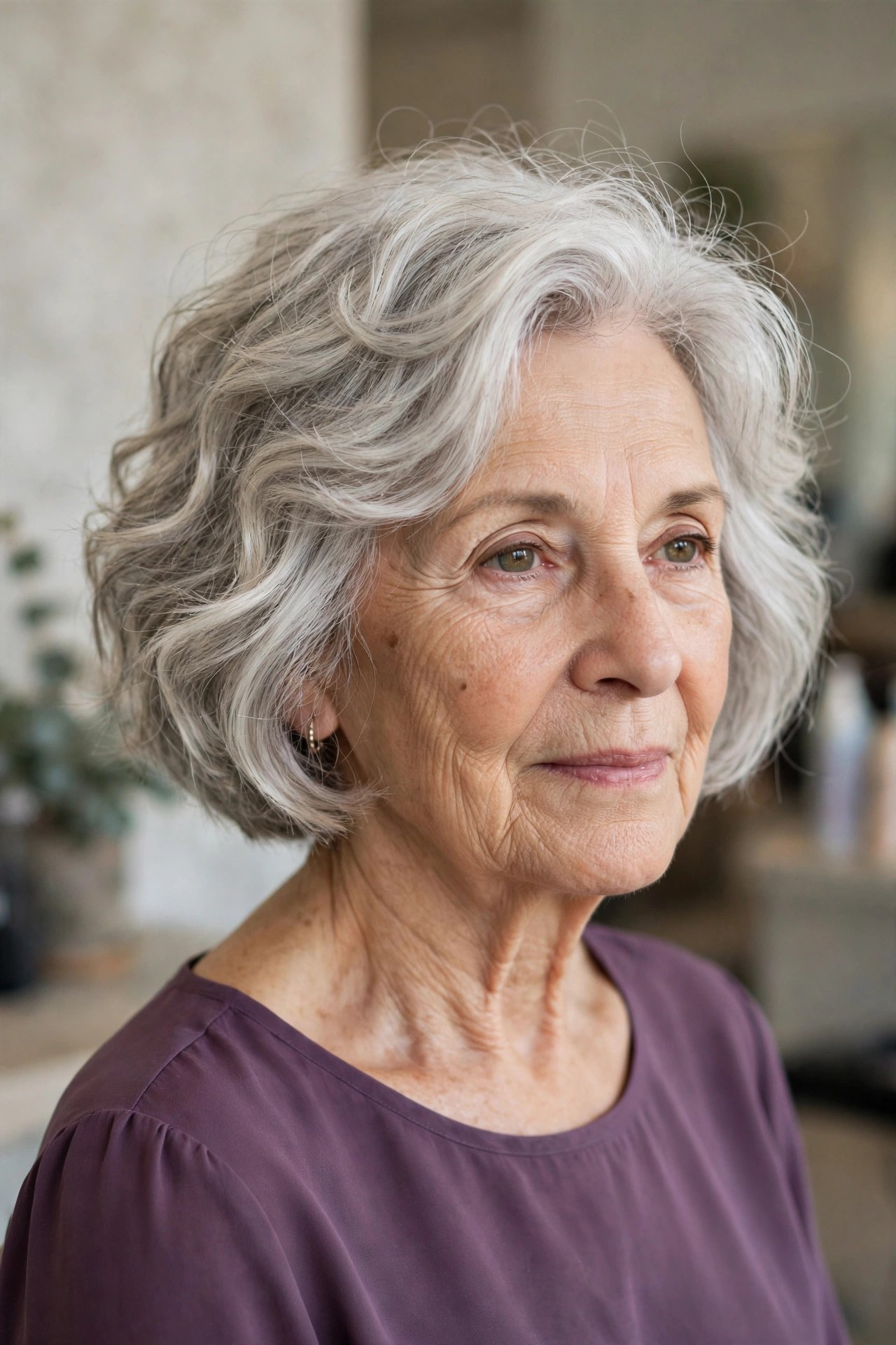 Short Wavy Bob With Hidden Crown Layers on a woman over 60 with fine hair