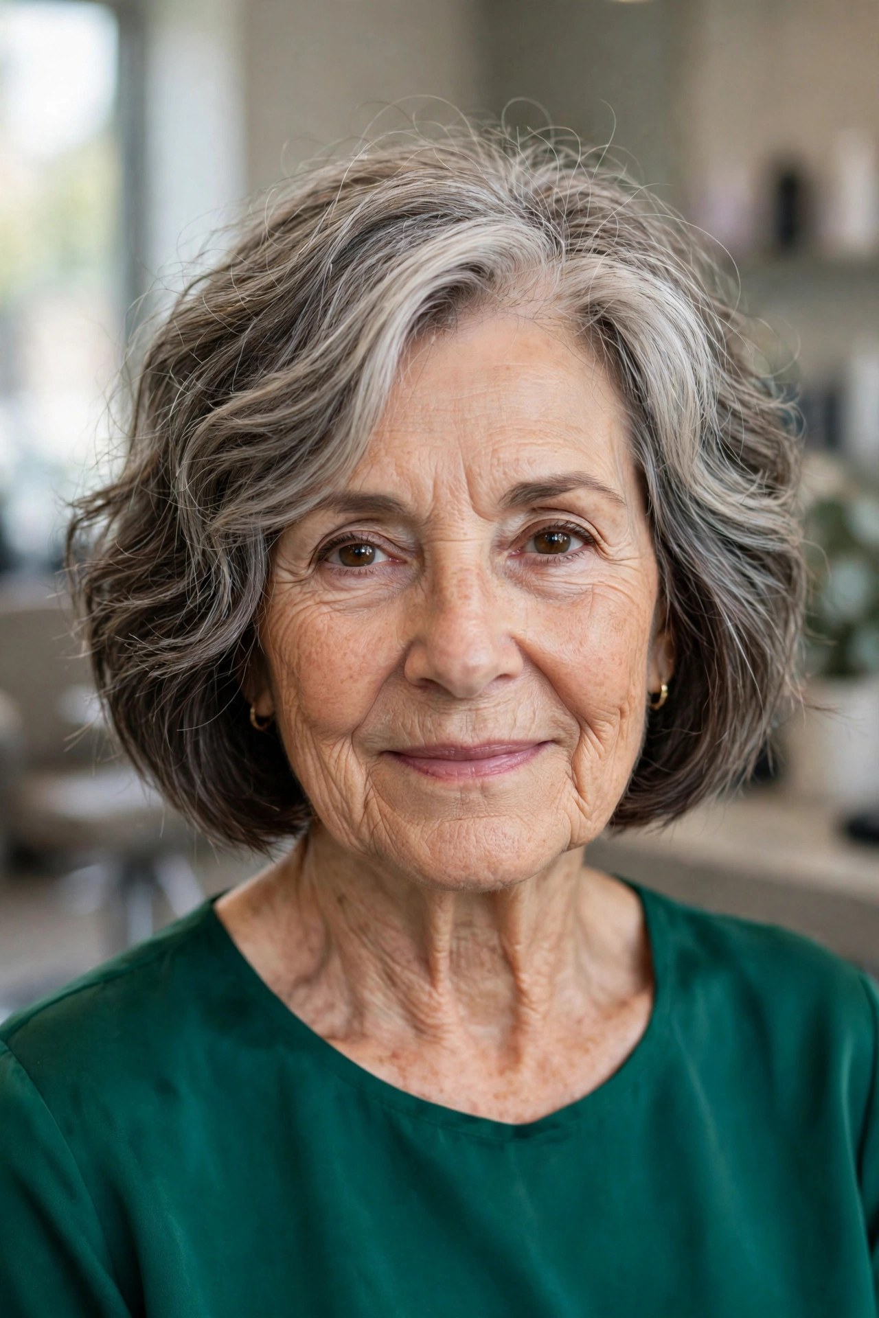 Salt-and-Pepper Wavy Bob With Soft Layers on a woman over 60 with fine hair