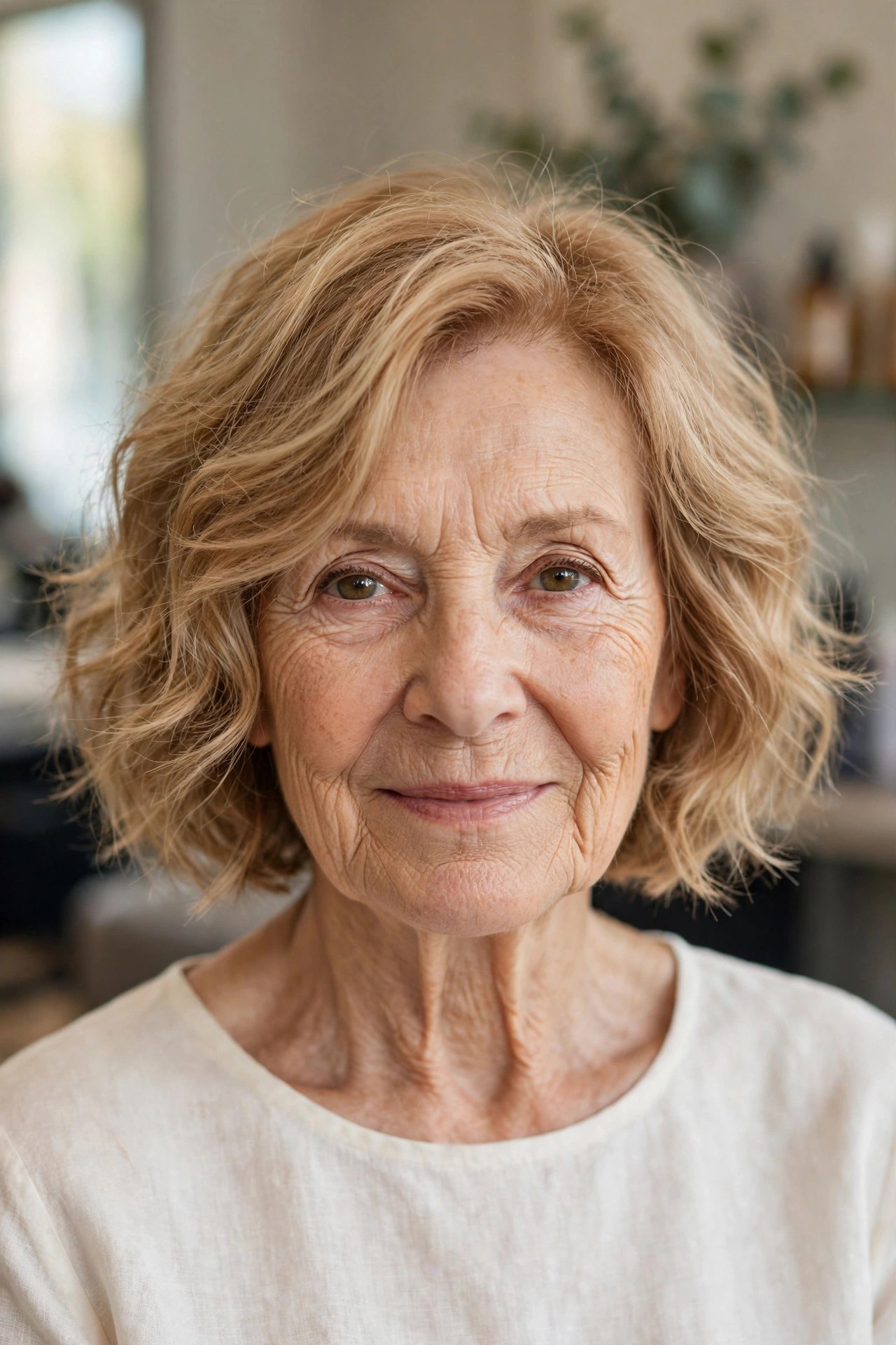 Angled Wavy Bob With a Longer Front on a woman over 60 with fine hair