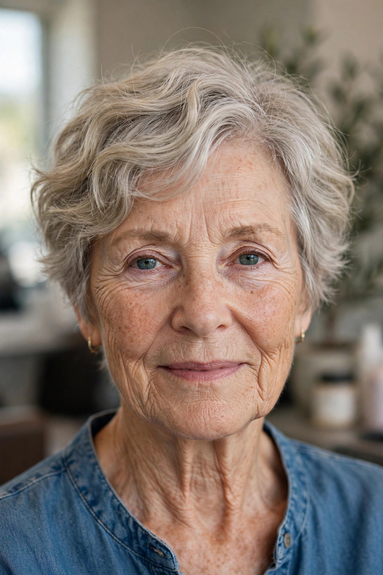 Wash-and-Wear Wavy Pixie on a woman over 60 with fine hair