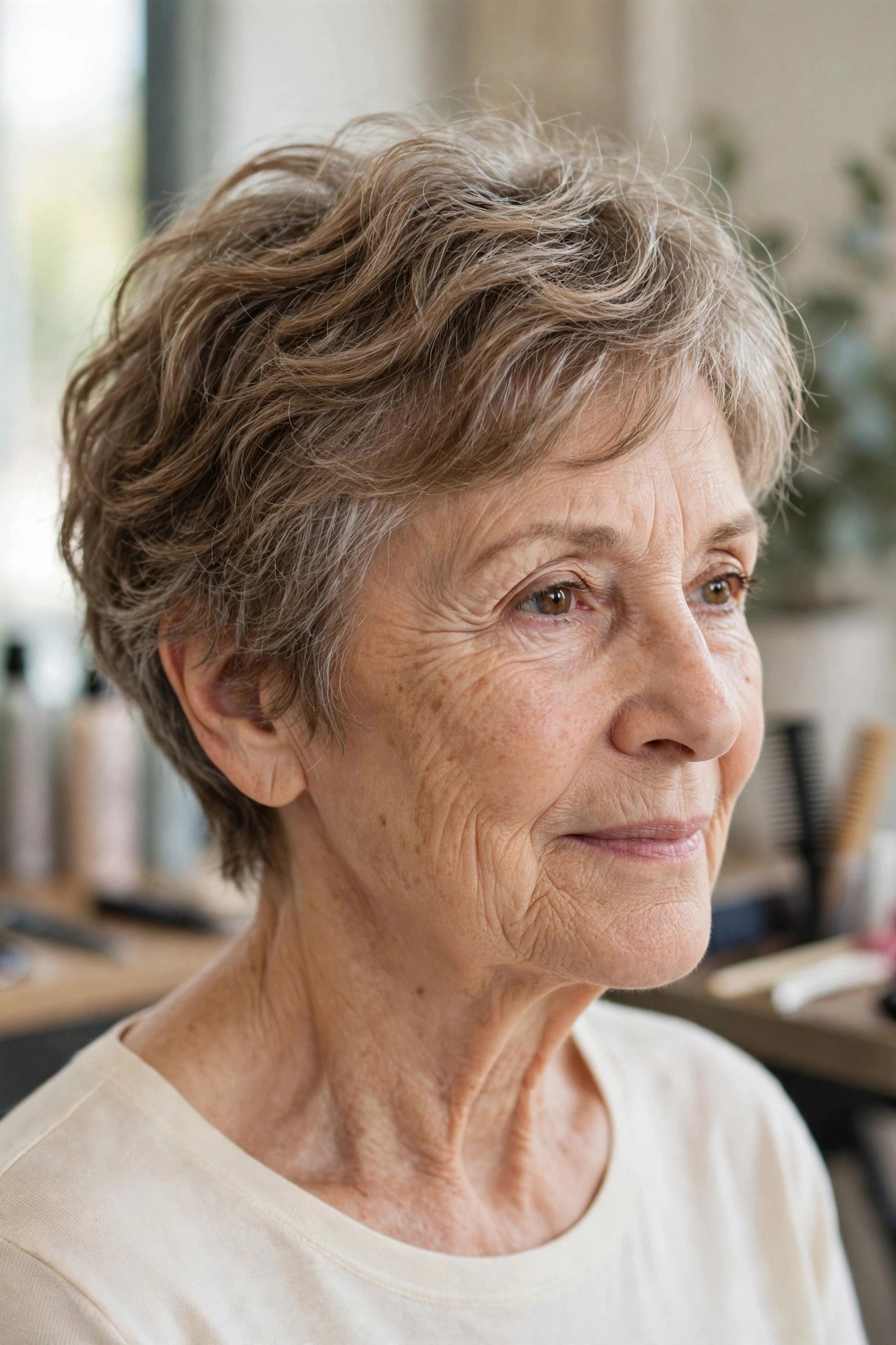Wavy Pixie With Crown Layers on a woman over 60 with fine hair
