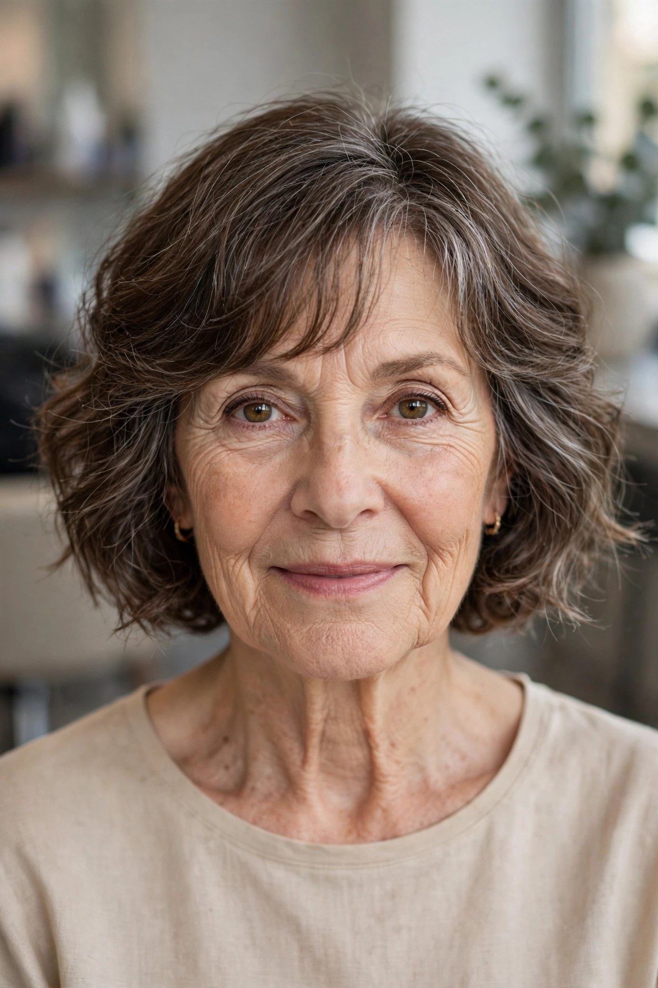 Elegant French Wavy Bob on a woman over 60 with fine hair