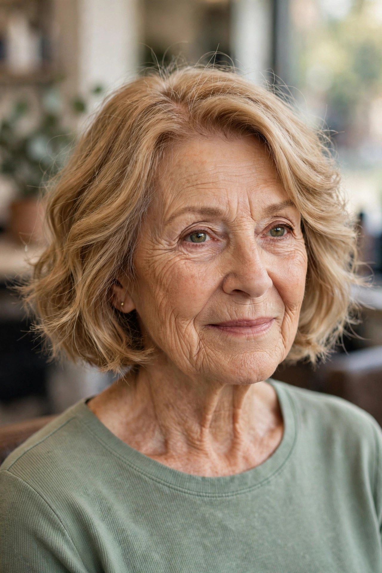 Chin-Length Wavy Bob With a Side Part on a woman over 60 with fine hair