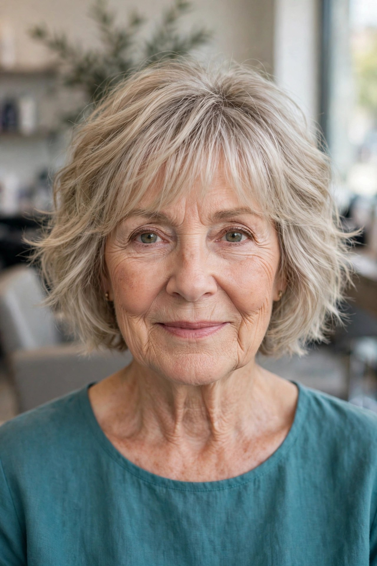 Layered Wavy Crop With a Wispy Fringe on a woman over 60 with fine hair