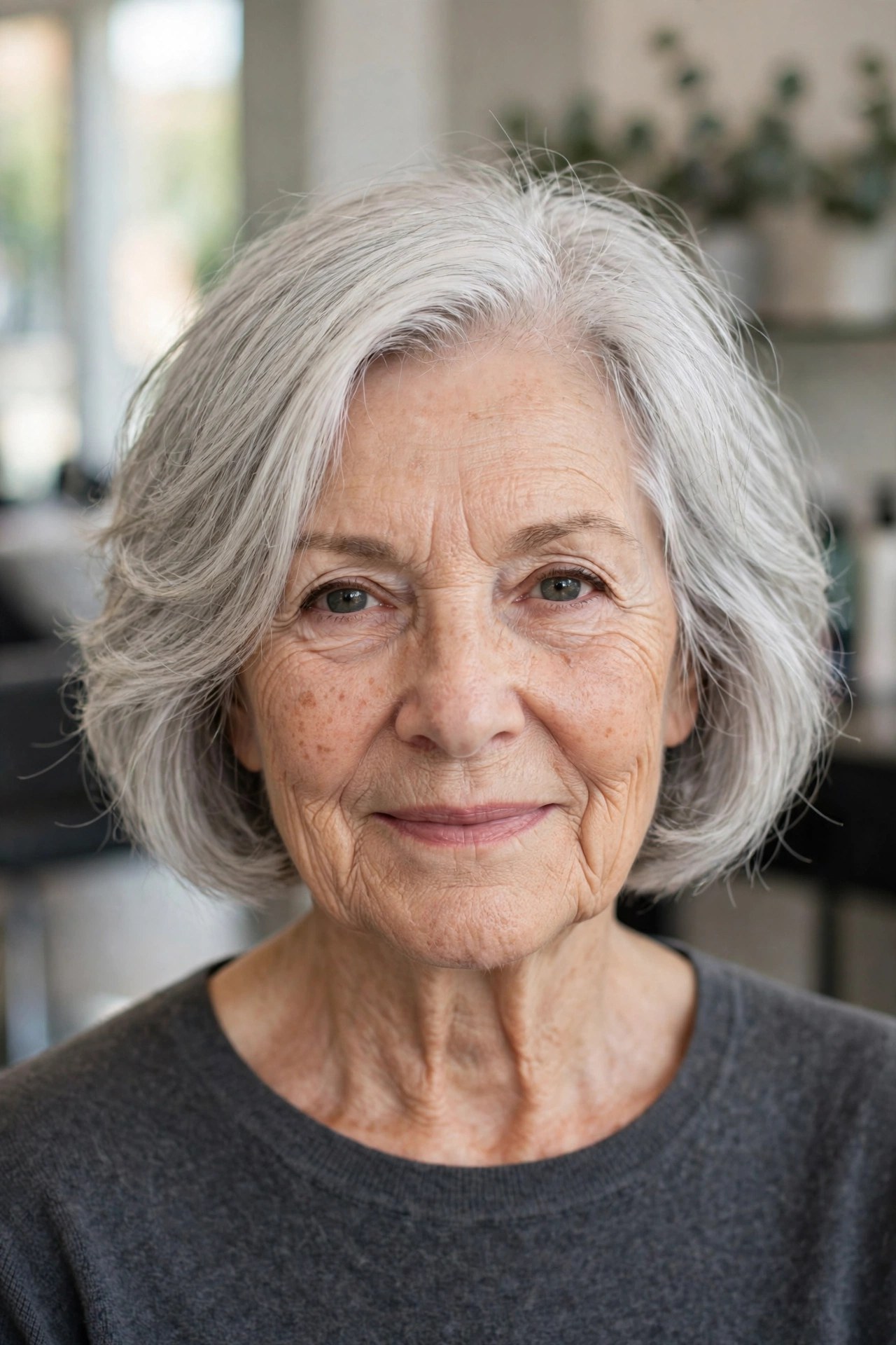 Silver S-Wave Bob With Face-Framing Layers on a woman over 60 with fine hair