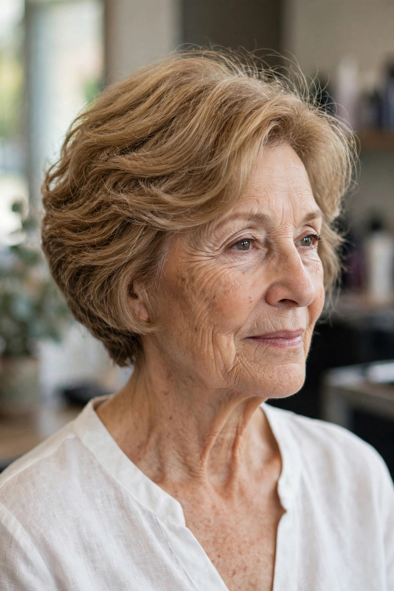 Stacked Wavy Bob for Crown Fullness on a woman over 60 with fine hair