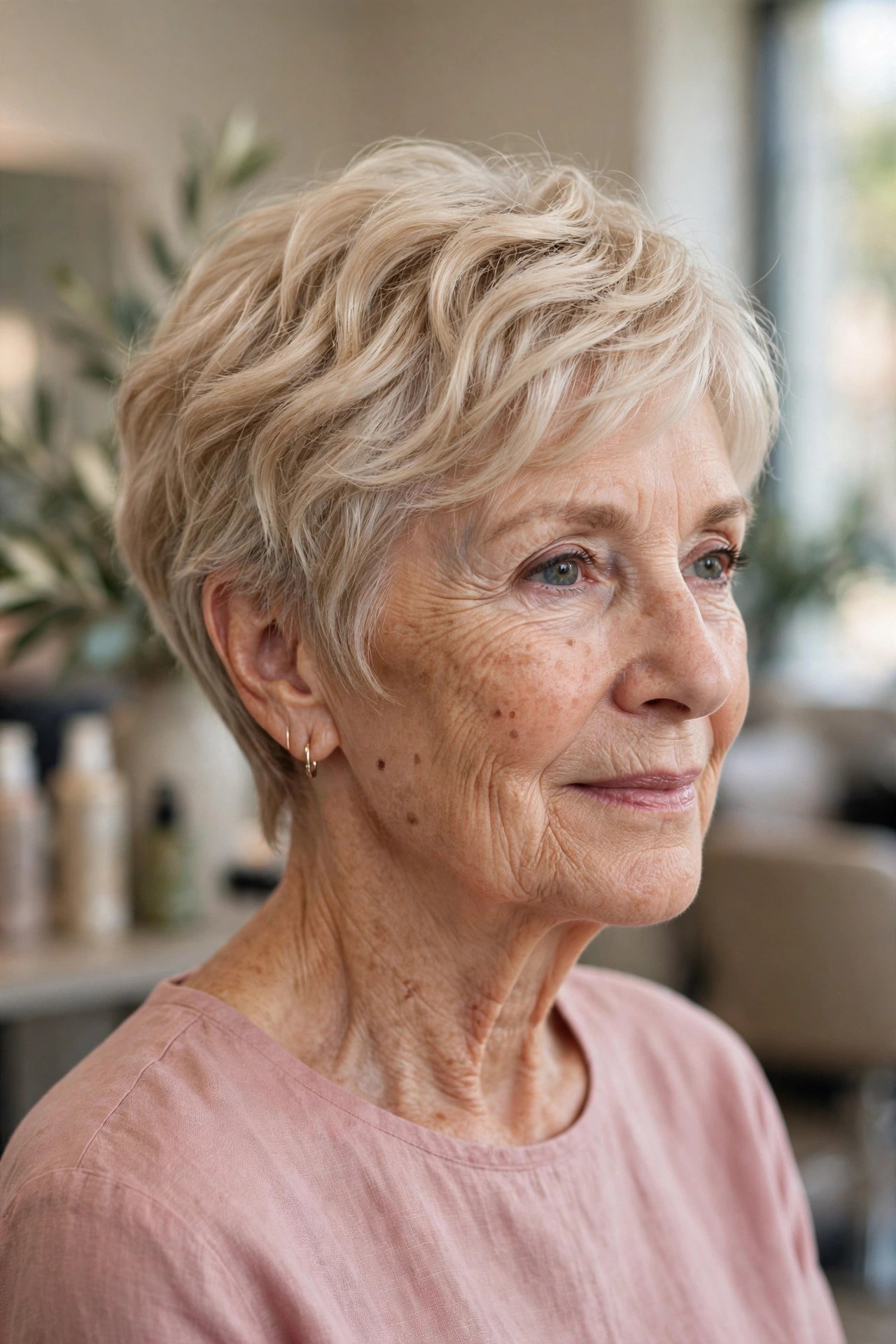 Feathered Wavy Pixie With a Tapered Nape on a woman over 60 with fine hair