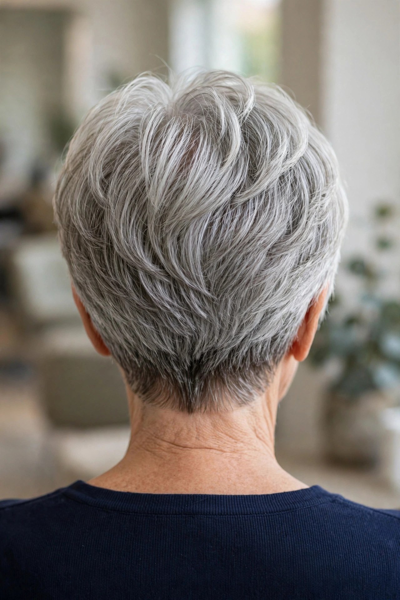 Classic Silver Stacked Wedge back view showing stacked graduation and tapered nape, woman over 60