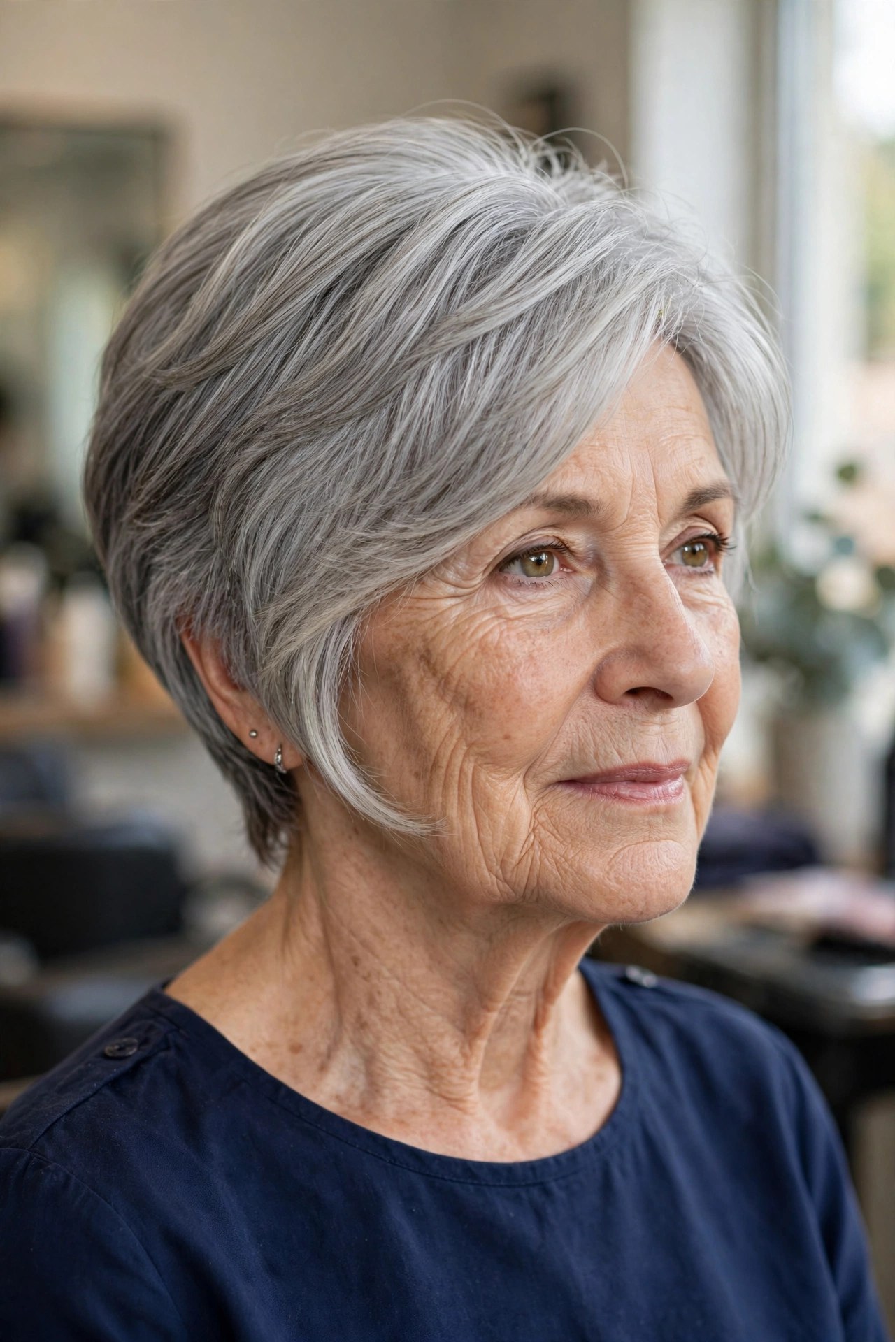 Classic Silver Stacked Wedge on a woman over 60, front view