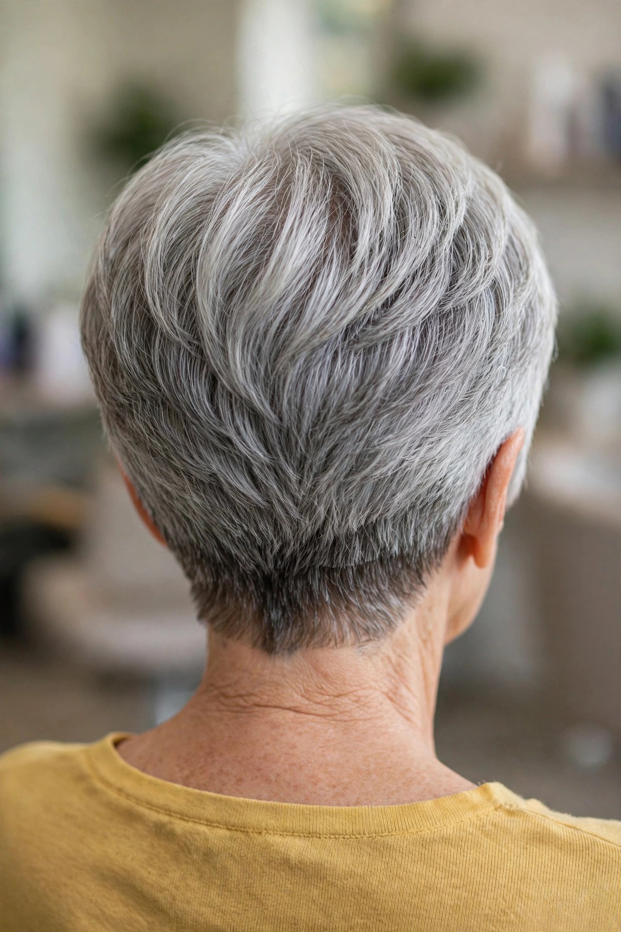Glasses-Friendly Wedge With a Clean Tapered Nape back view showing stacked graduation and tapered nape, woman over 60