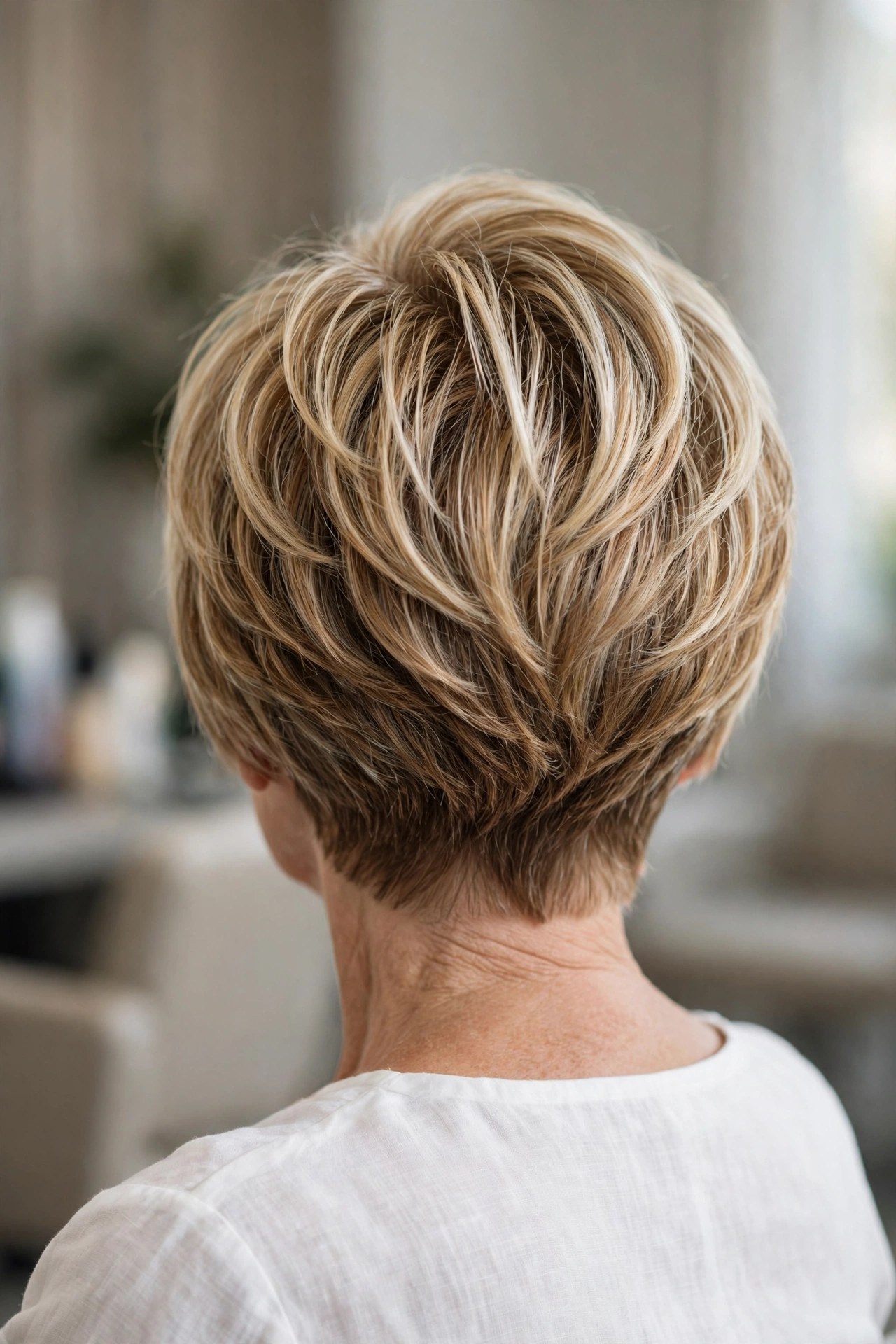 Blonde Highlighted Wedge back view showing stacked graduation and tapered nape, woman over 60