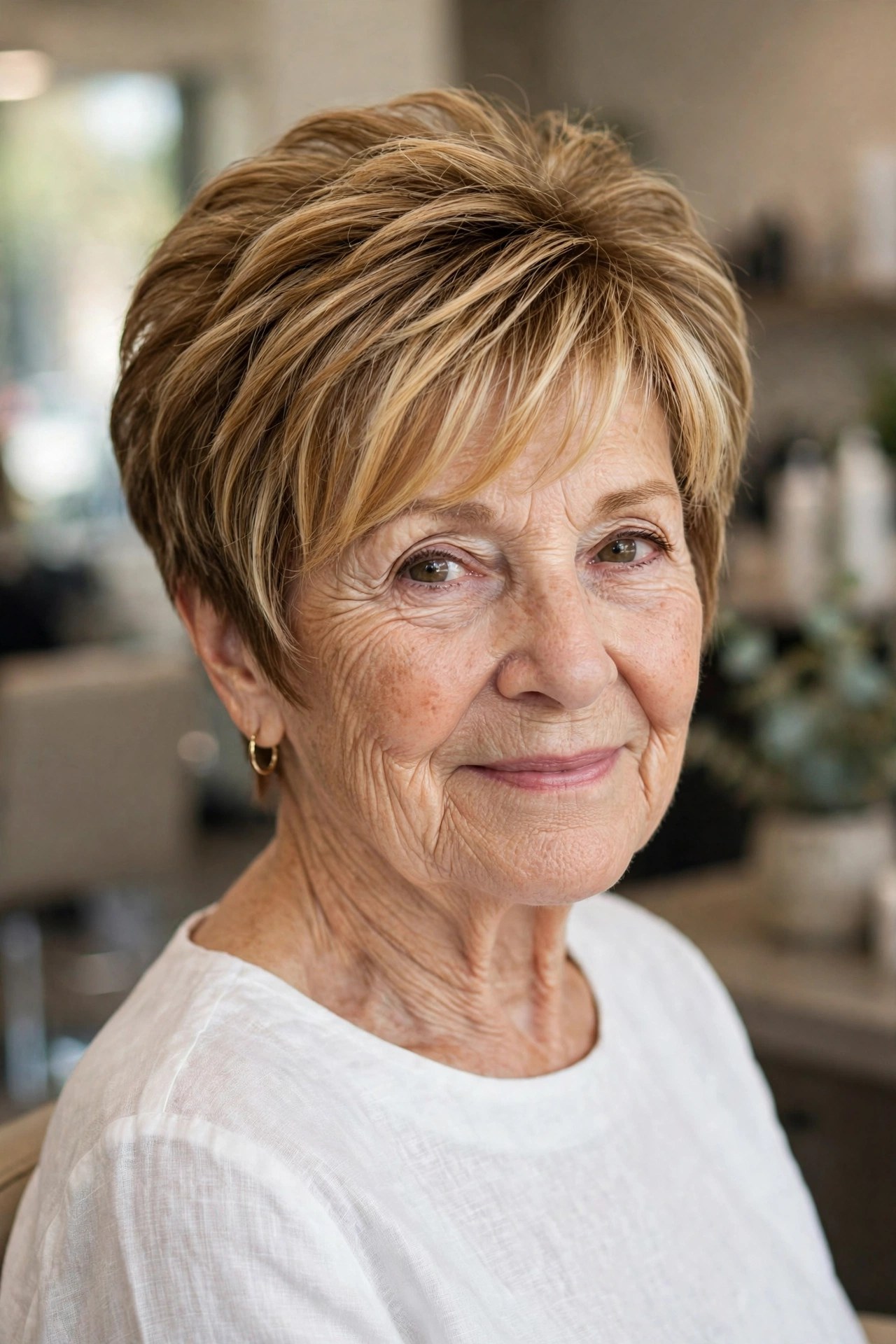 Blonde Highlighted Wedge on a woman over 60, front view