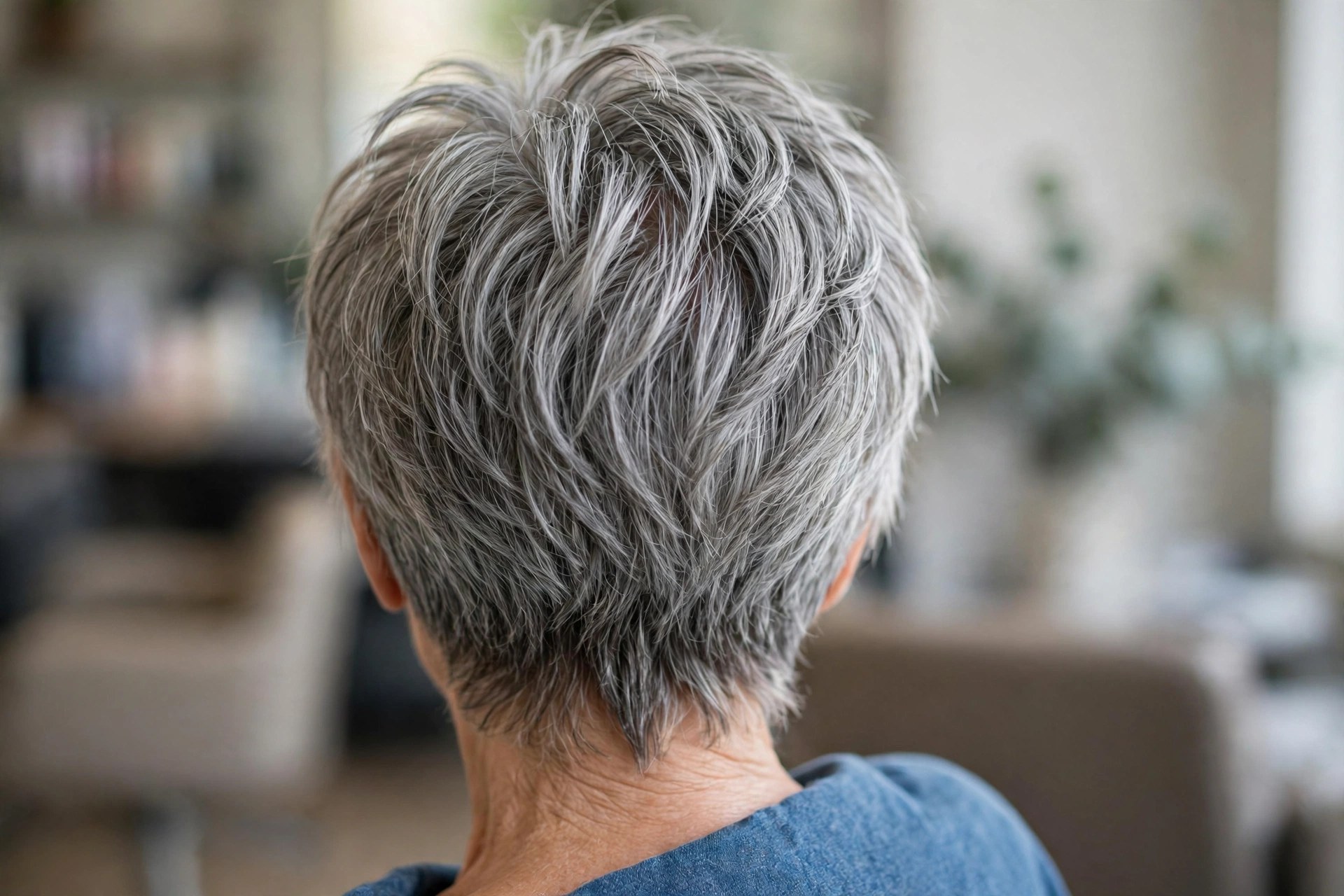 Choppy Modern Wedge back view showing stacked graduation and tapered nape, woman over 60