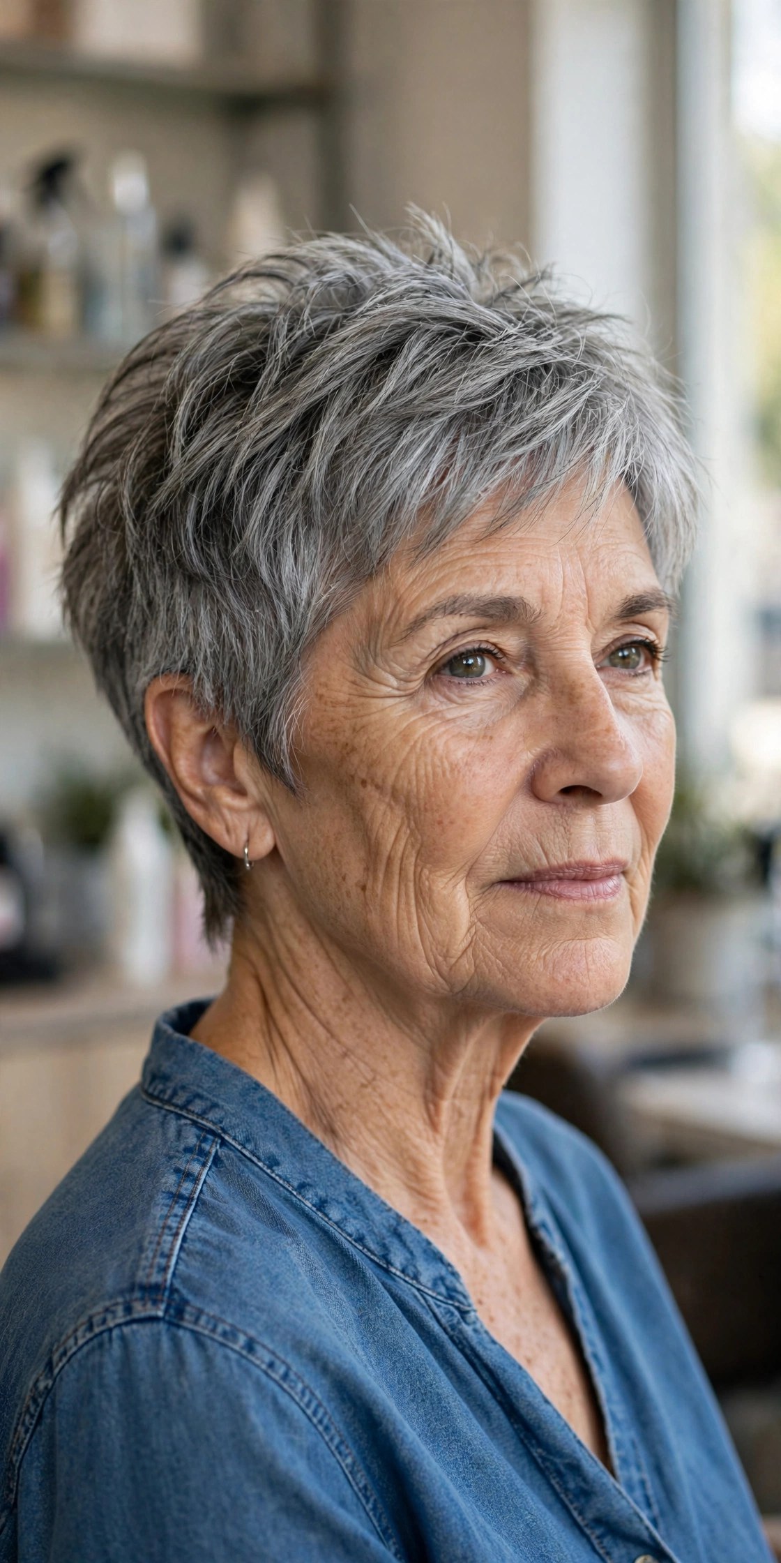 Choppy Modern Wedge on a woman over 60, front view
