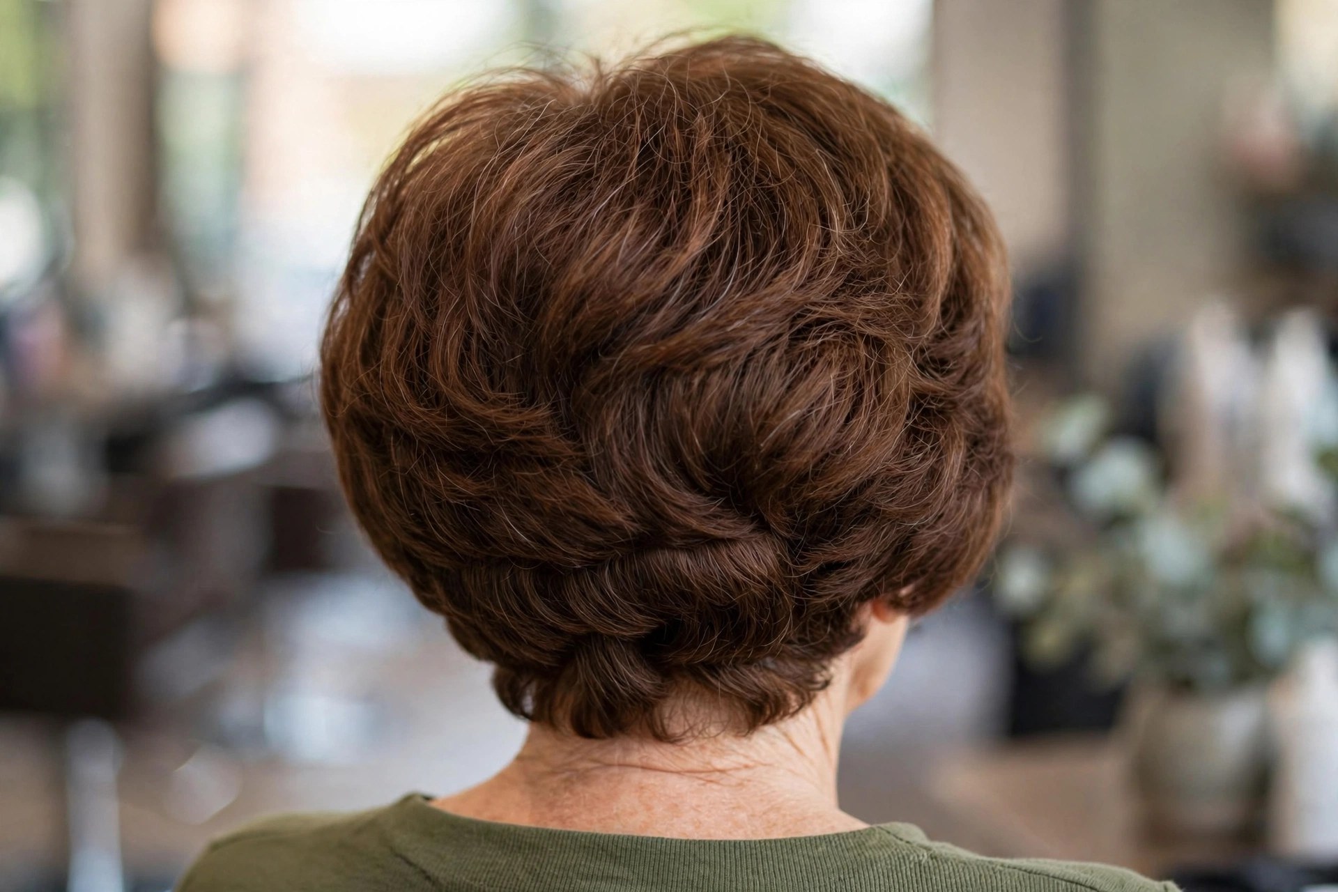 Rounded Wedge Bob for Thick Hair back view showing stacked graduation and tapered nape, woman over 60