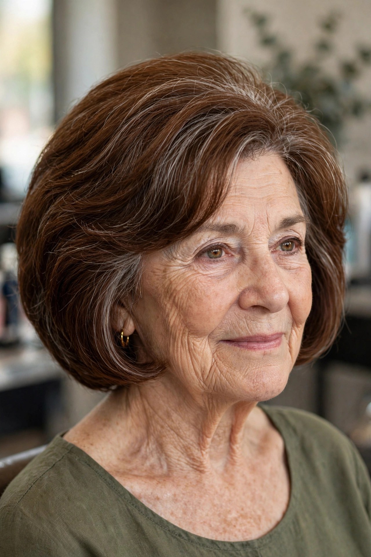 Rounded Wedge Bob for Thick Hair on a woman over 60, front view
