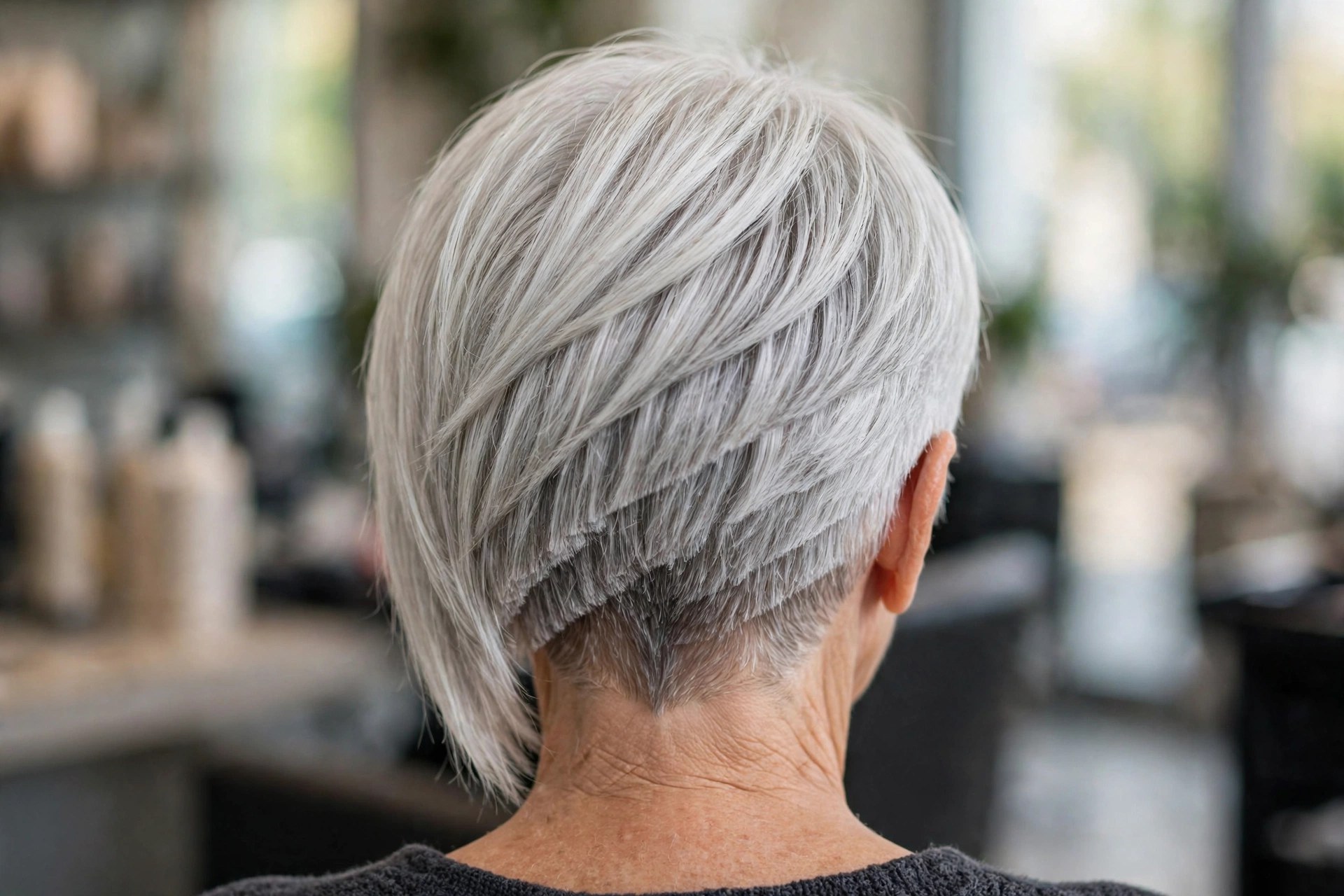 Asymmetric Wedge With a Longer Front back view showing stacked graduation and tapered nape, woman over 60