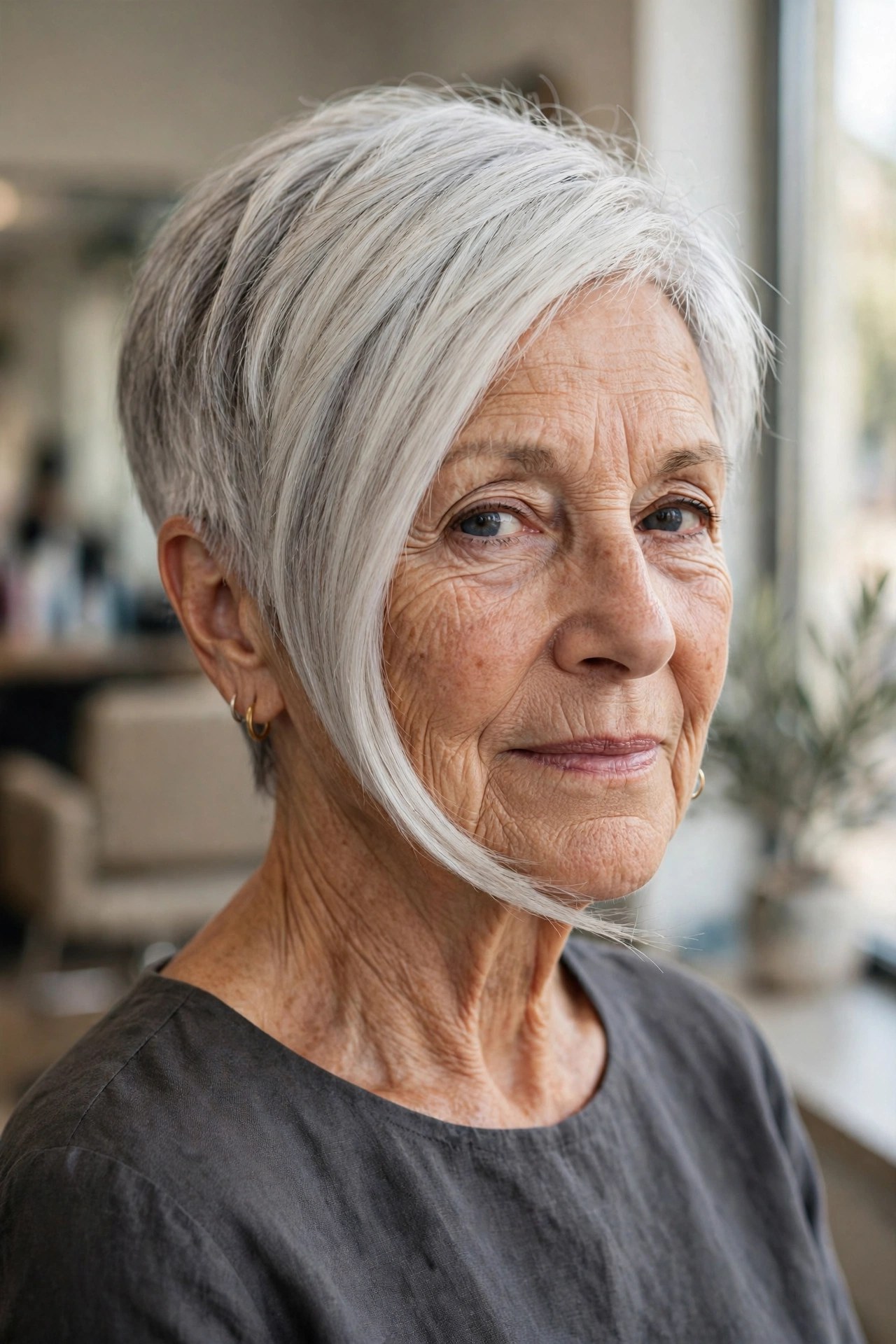 Asymmetric Wedge With a Longer Front on a woman over 60, front view