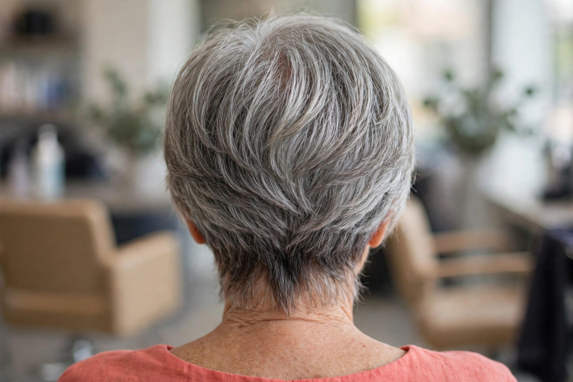Low-Maintenance Wash-and-Wear Wedge back view showing stacked graduation and tapered nape, woman over 60