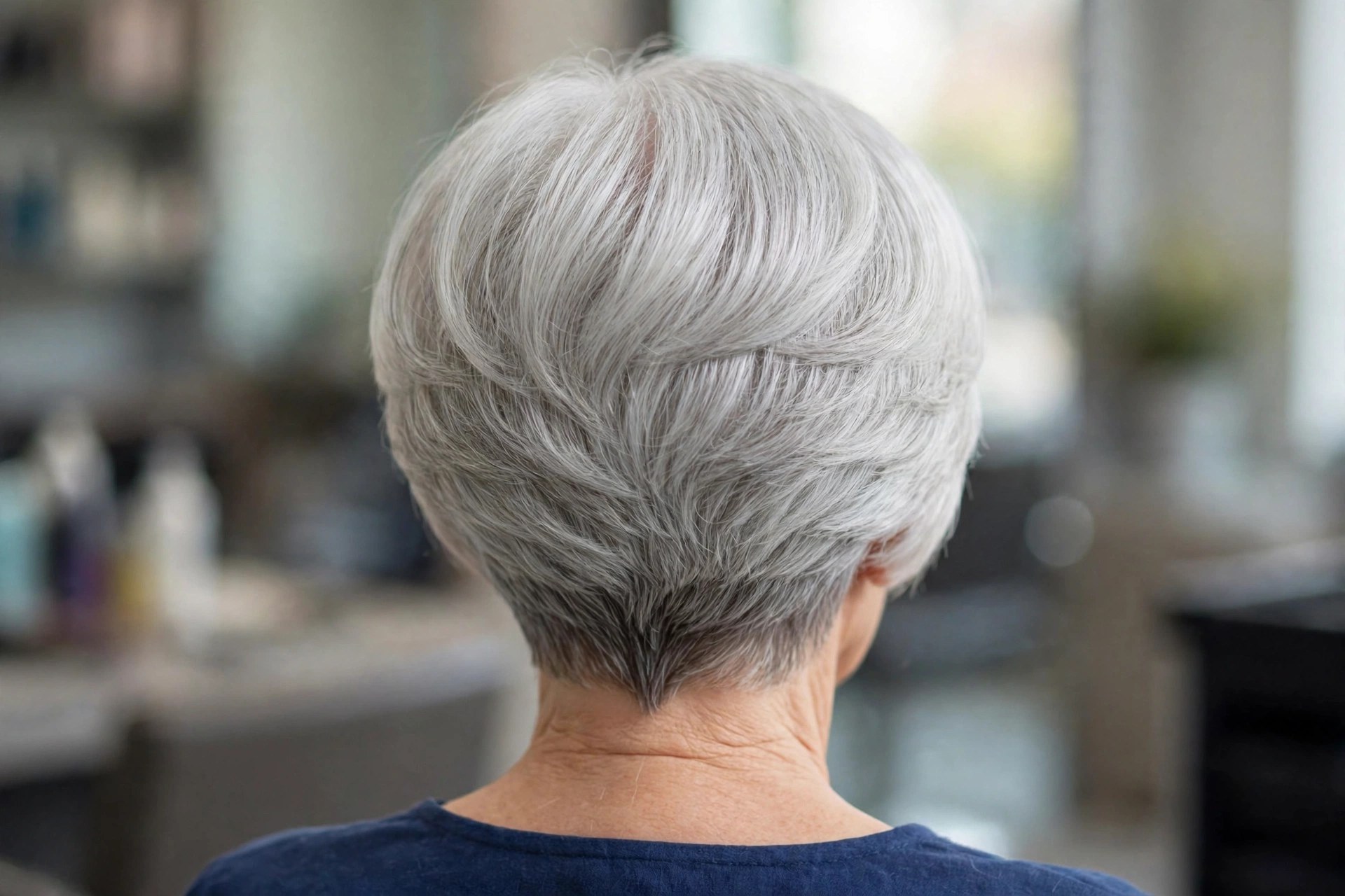 Elegant Pearl-Gray Wedge With a Beveled Back back view showing stacked graduation and tapered nape, woman over 60