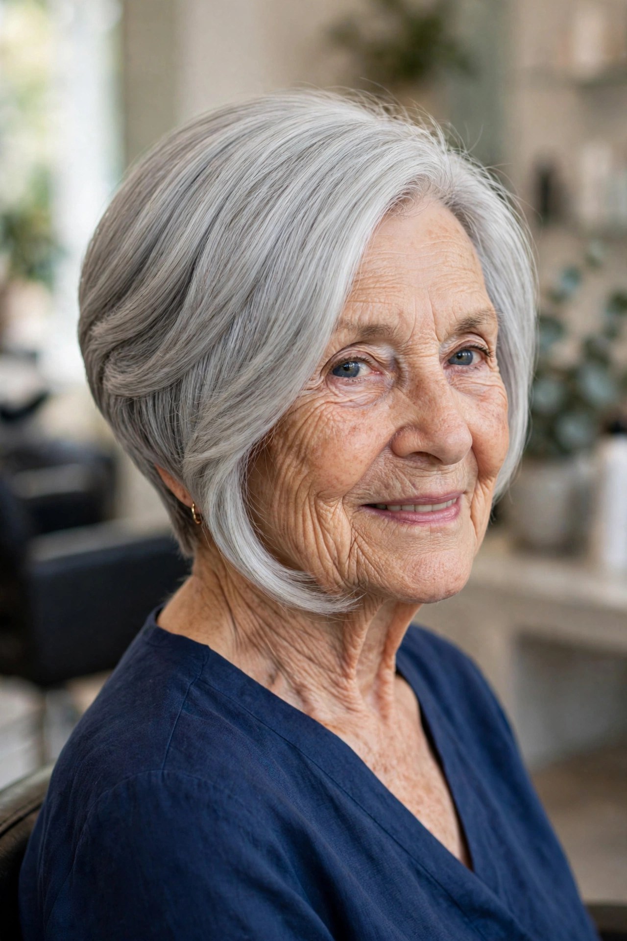 Elegant Pearl-Gray Wedge With a Beveled Back on a woman over 60, front view