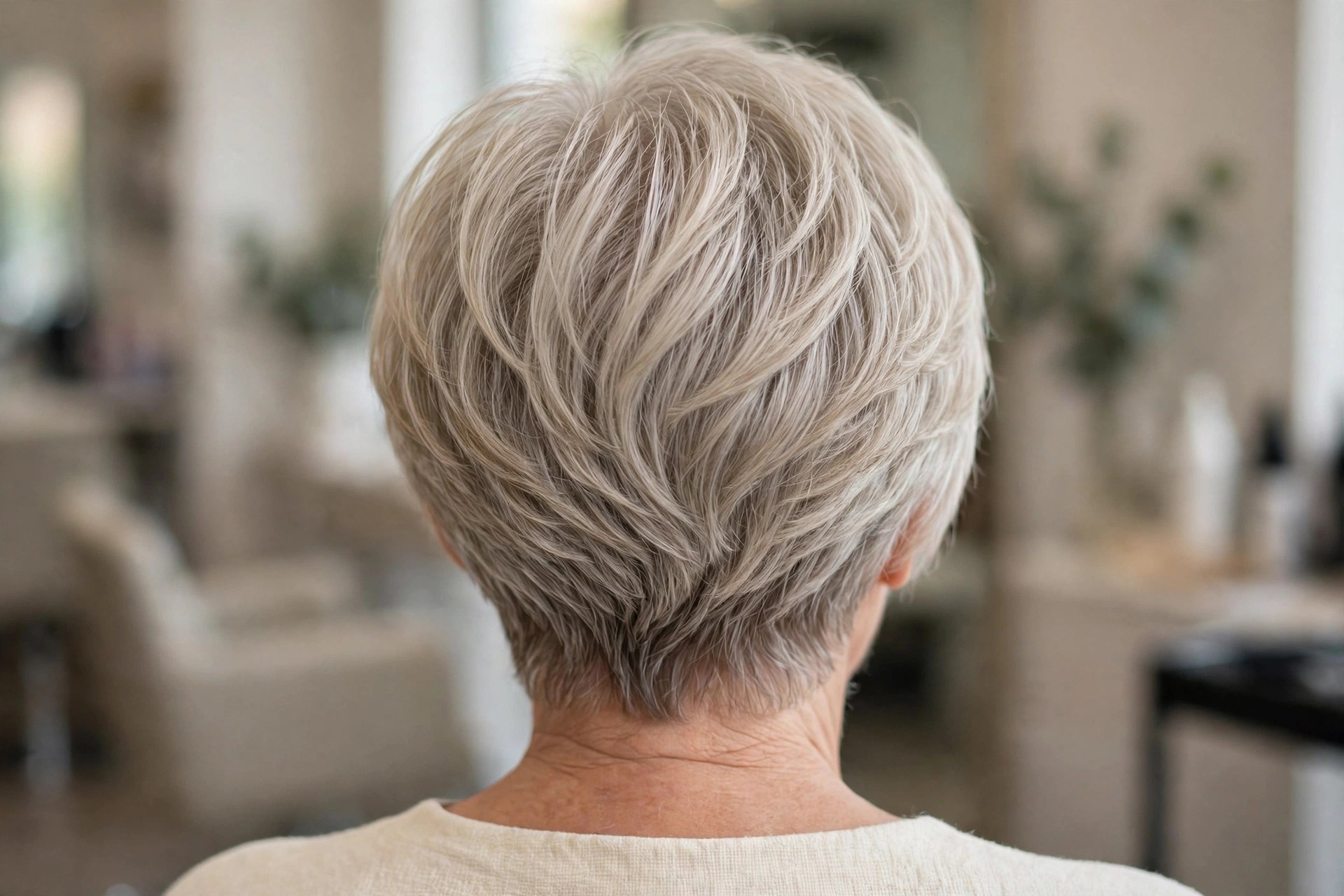 Soft Feathered Wedge With Crown Lift back view showing stacked graduation and tapered nape, woman over 60