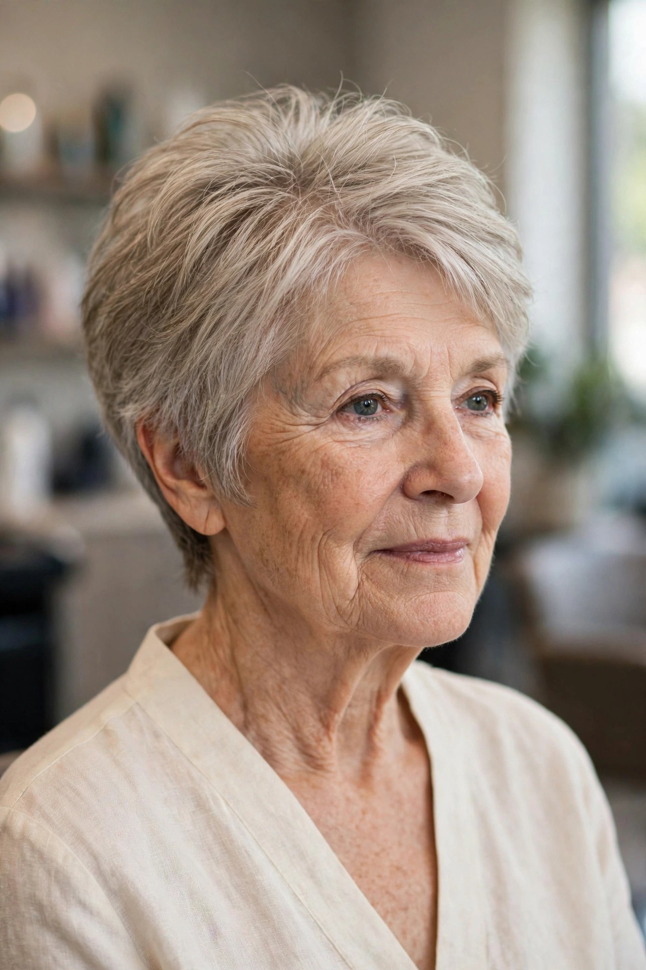 Soft Feathered Wedge With Crown Lift on a woman over 60, front view