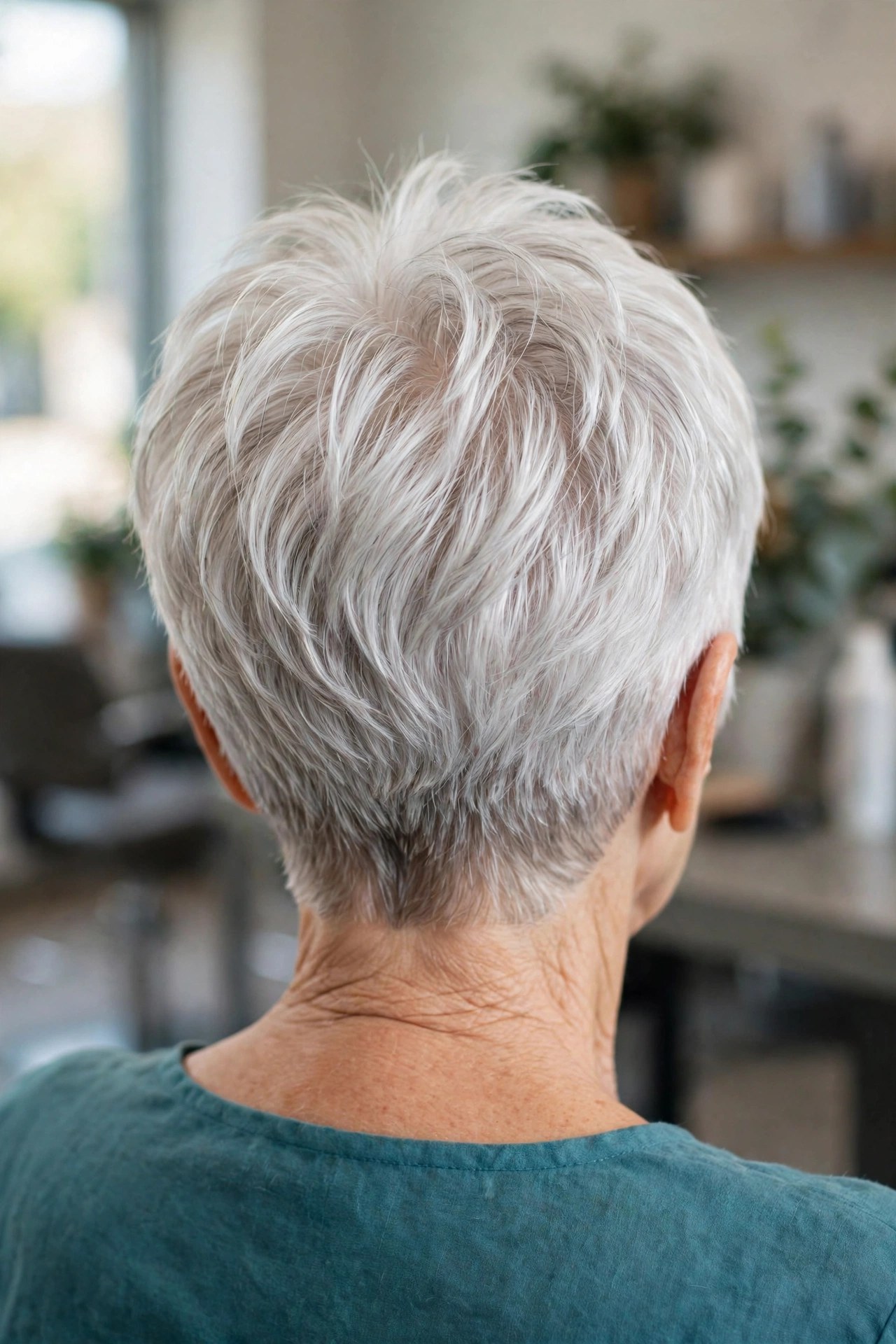 Pixie Wedge With a Long Side-Swept Fringe back view showing stacked graduation and tapered nape, woman over 60