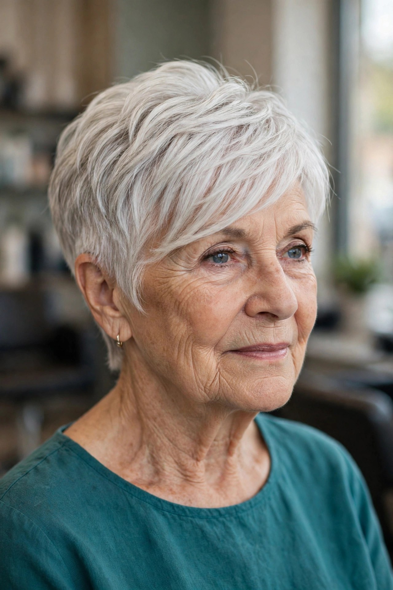Pixie Wedge With a Long Side-Swept Fringe on a woman over 60, front view