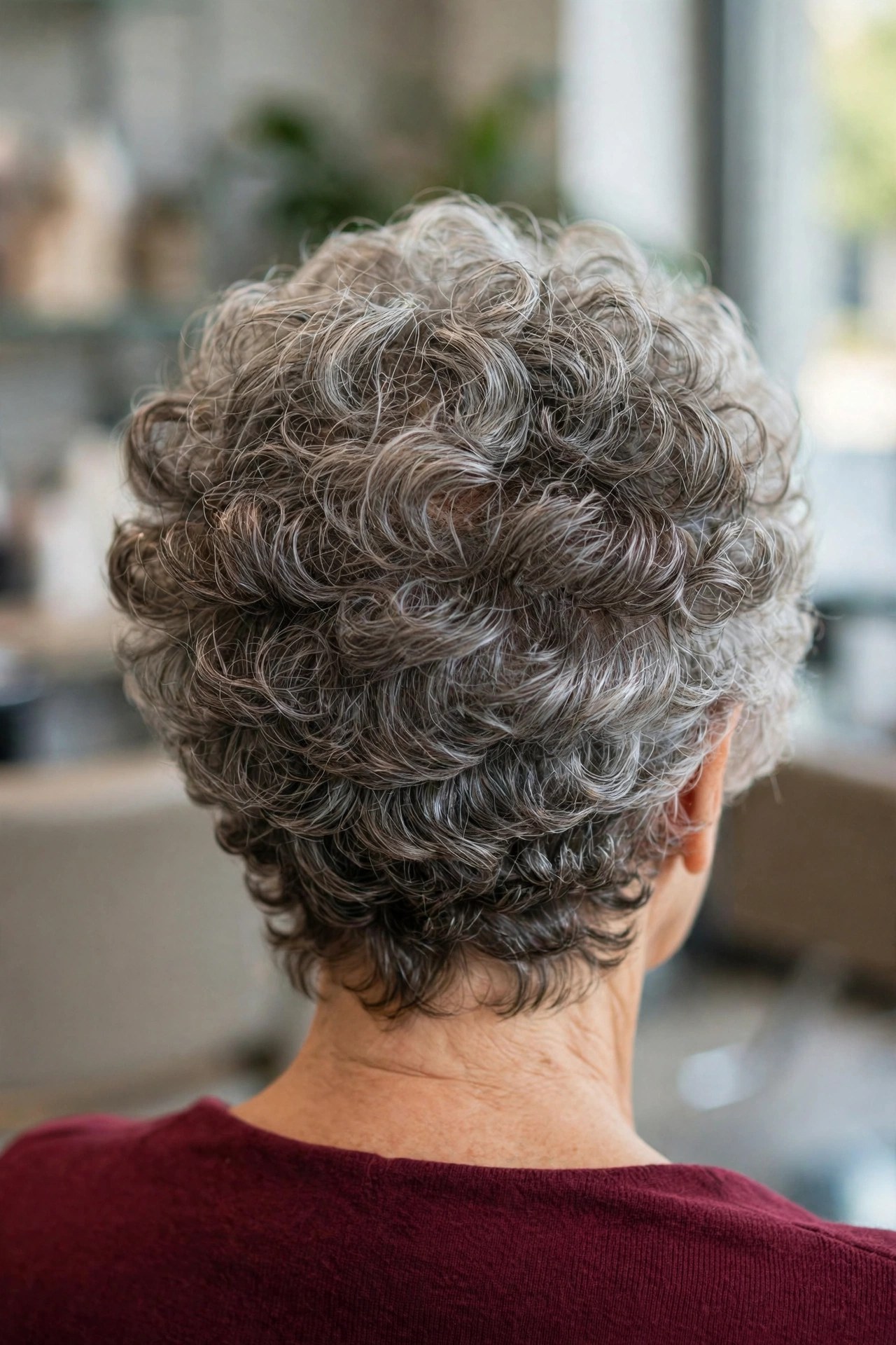Curly Salt-and-Pepper Wedge back view showing stacked graduation and tapered nape, woman over 60