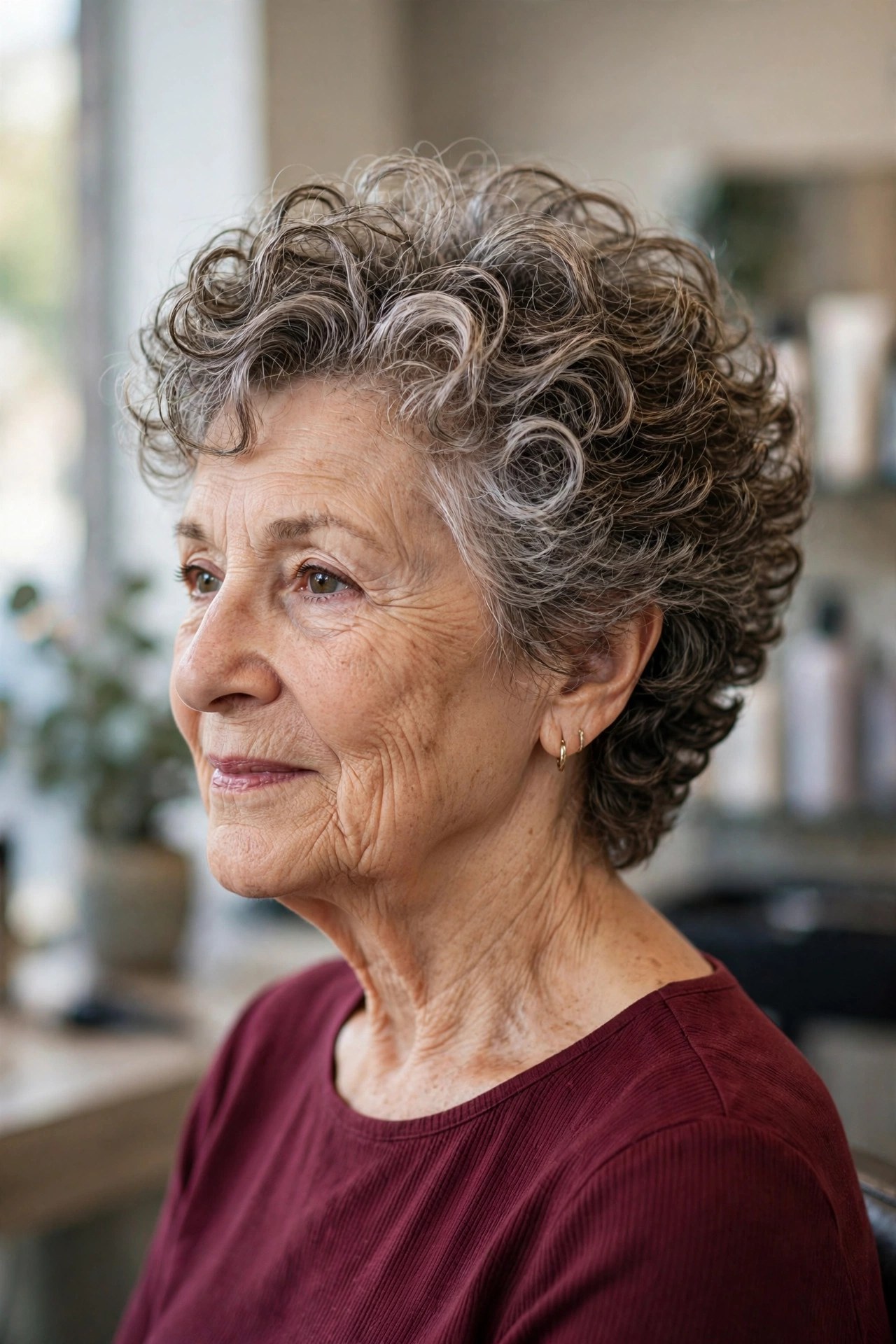 Curly Salt-and-Pepper Wedge on a woman over 60, front view