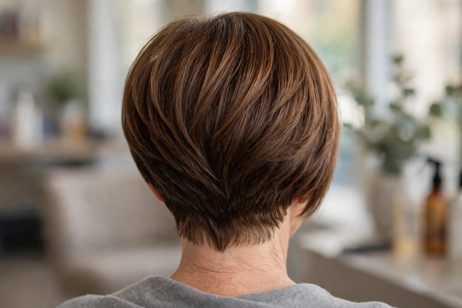 Sleek Angled Wedge Bob back view showing stacked graduation and tapered nape, woman over 60