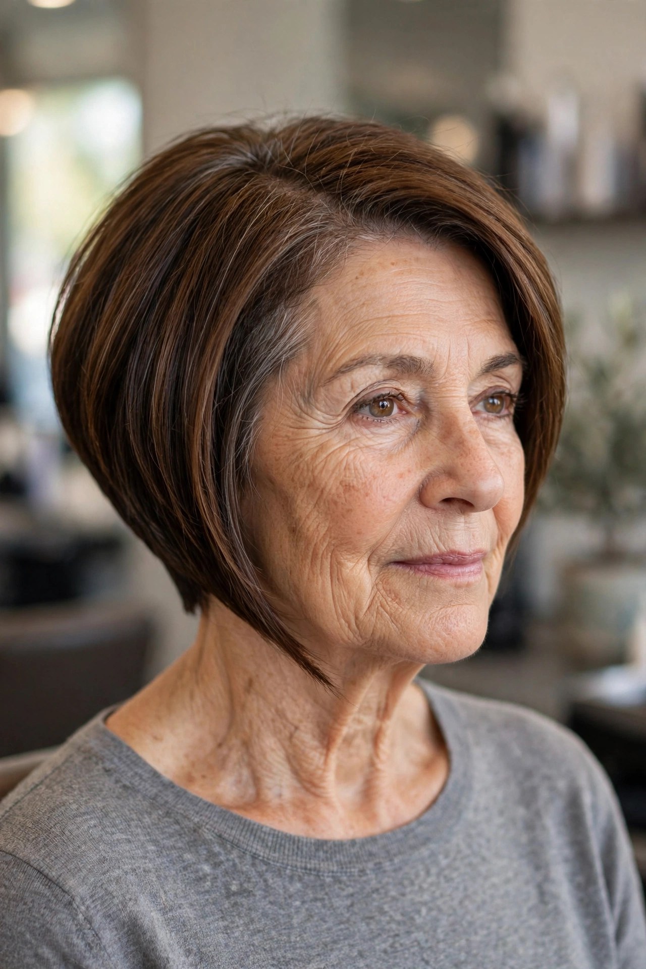 Sleek Angled Wedge Bob on a woman over 60, front view