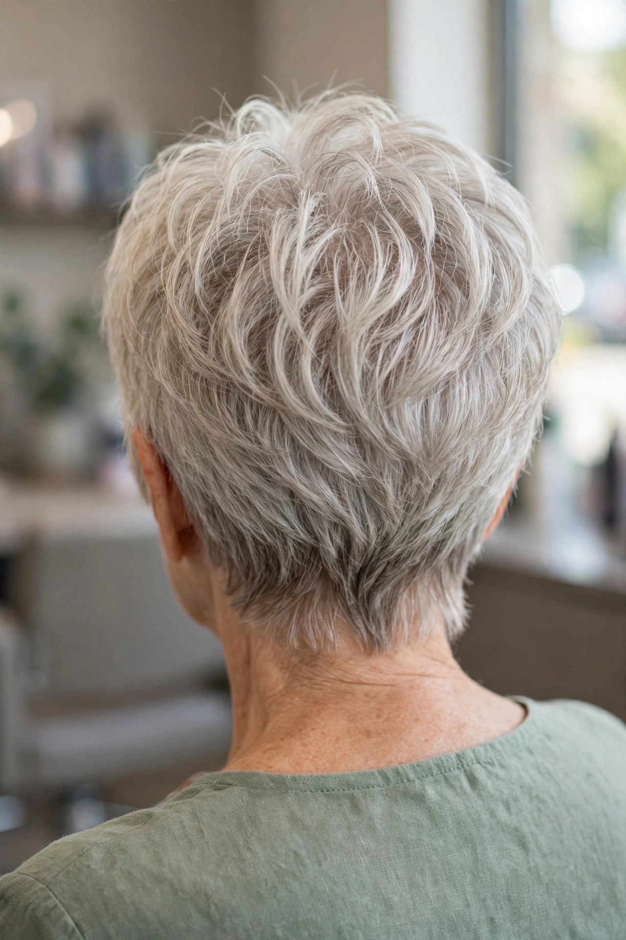 Textured Piecey Wedge for Fine Hair back view showing stacked graduation and tapered nape, woman over 60