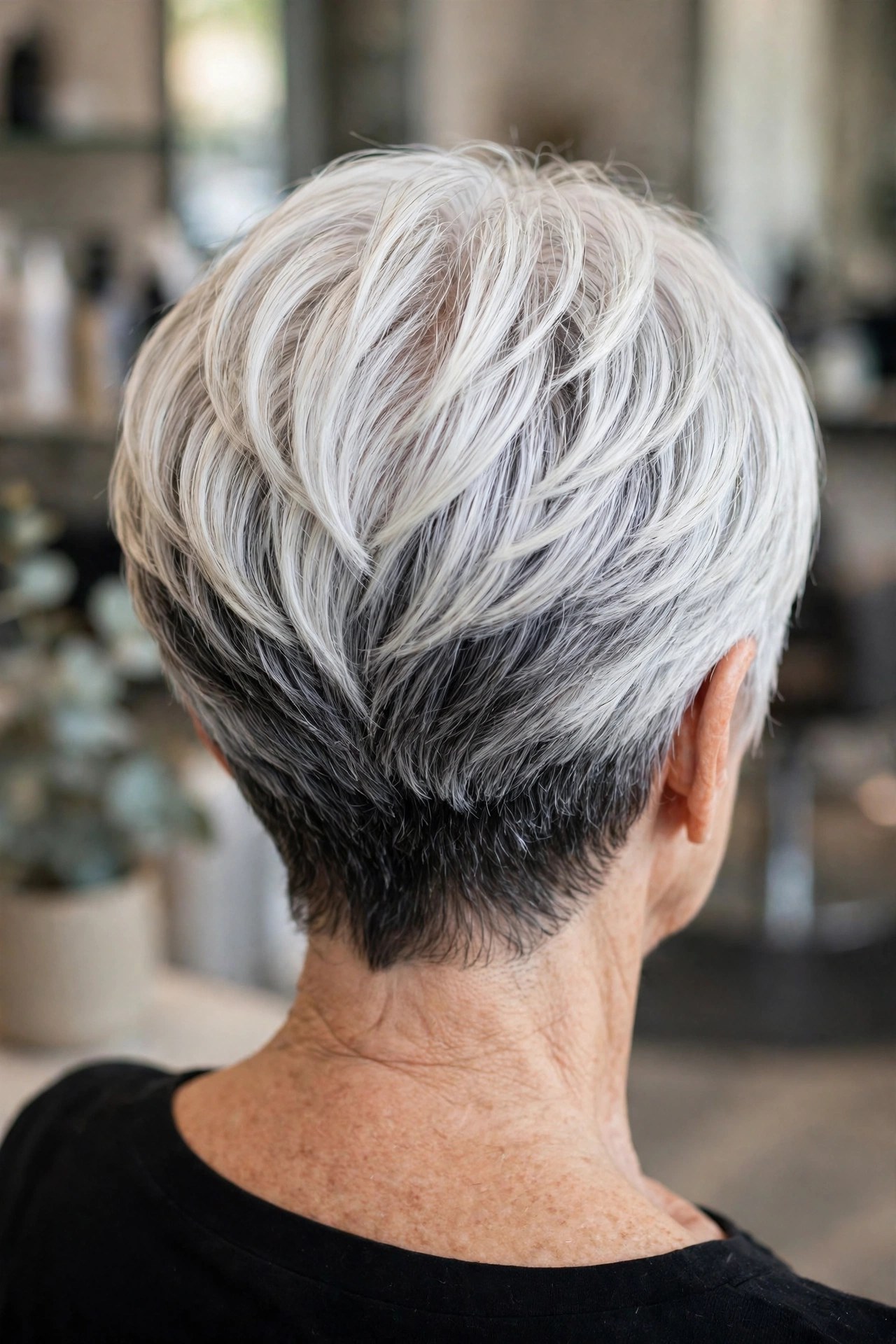 Two-Tone Wedge With a Darker Nape back view showing stacked graduation and tapered nape, woman over 60
