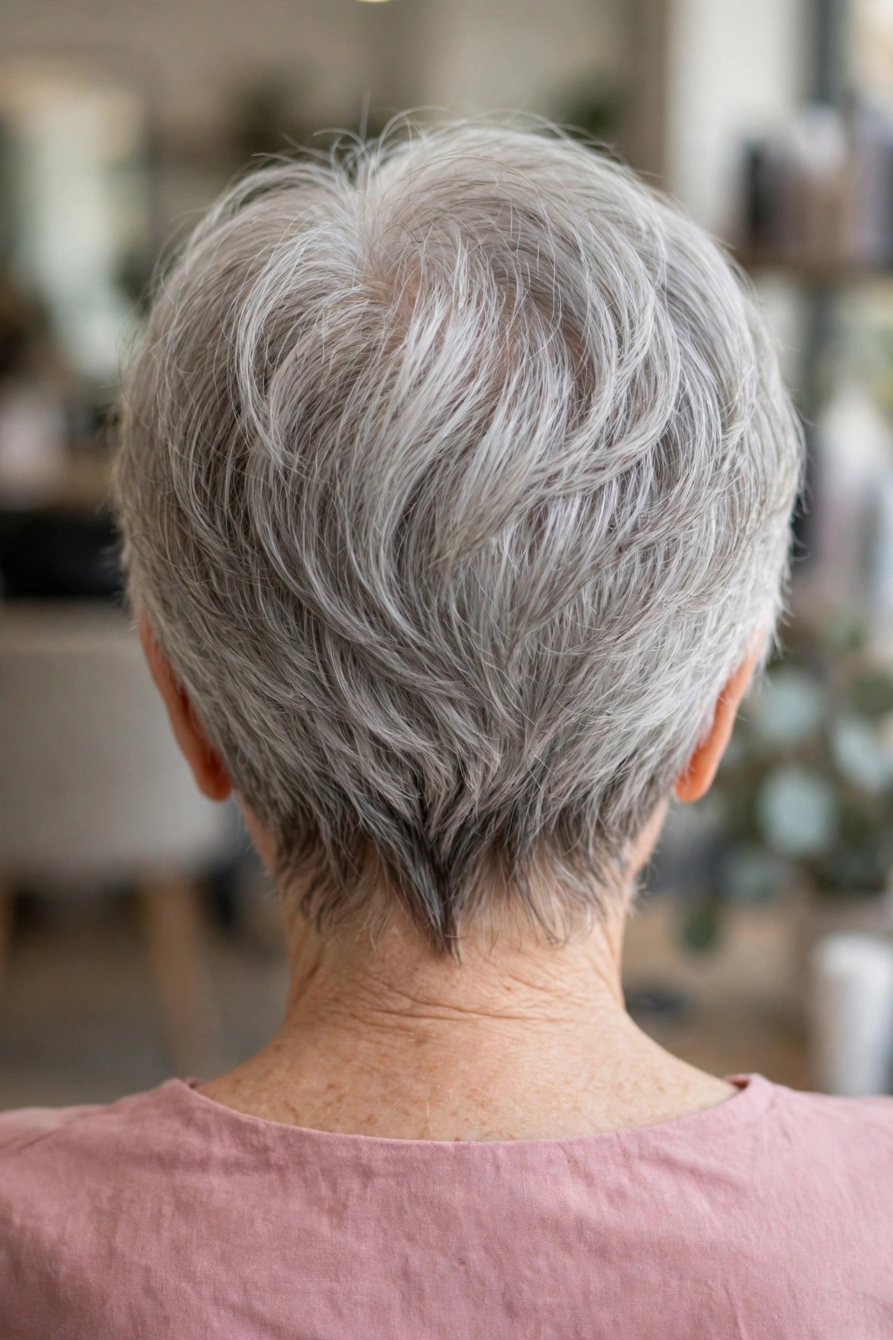 Wispy Wedge With Soft Bangs back view showing stacked graduation and tapered nape, woman over 60