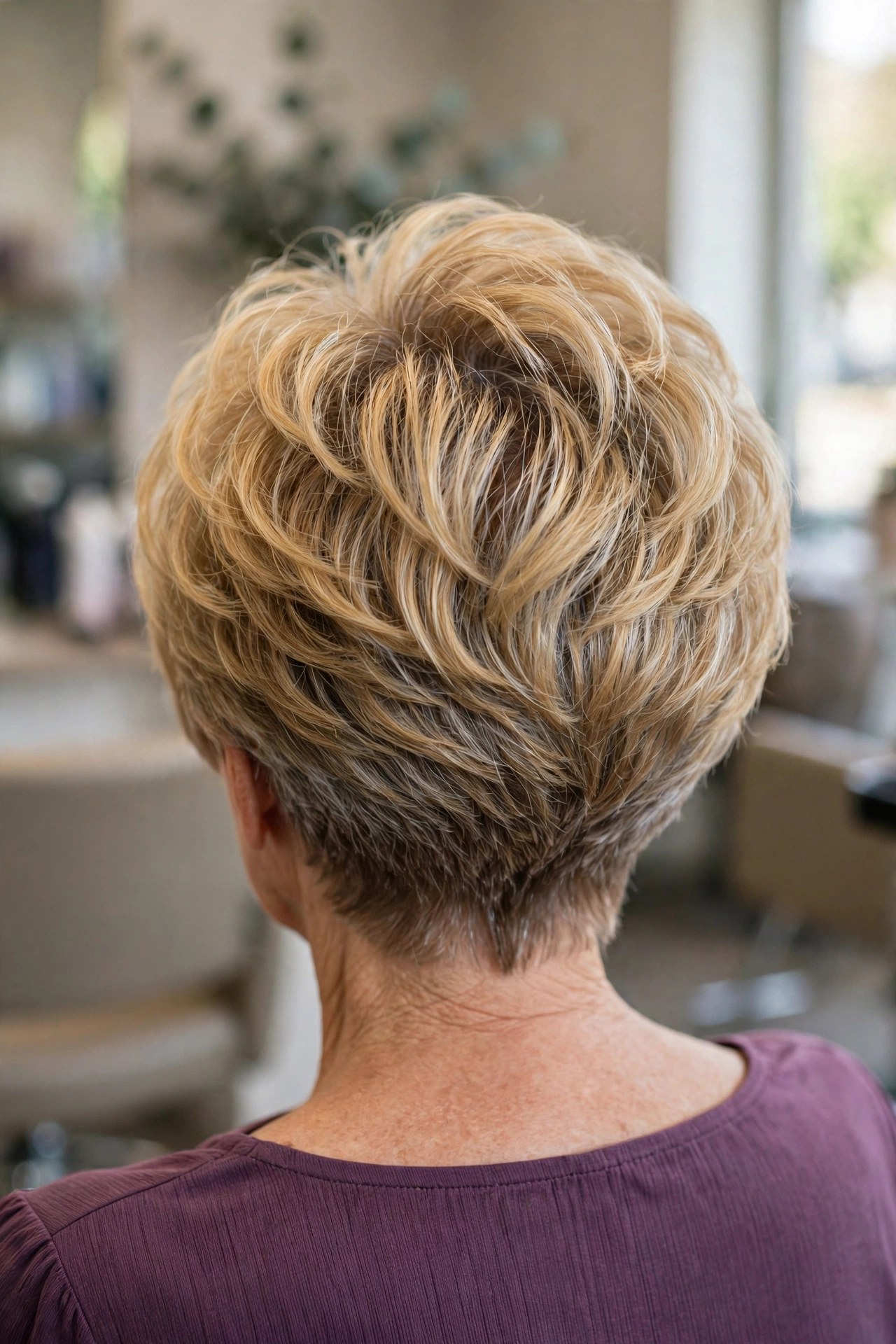 Voluminous Wedge With Side Bangs back view showing stacked graduation and tapered nape, woman over 60