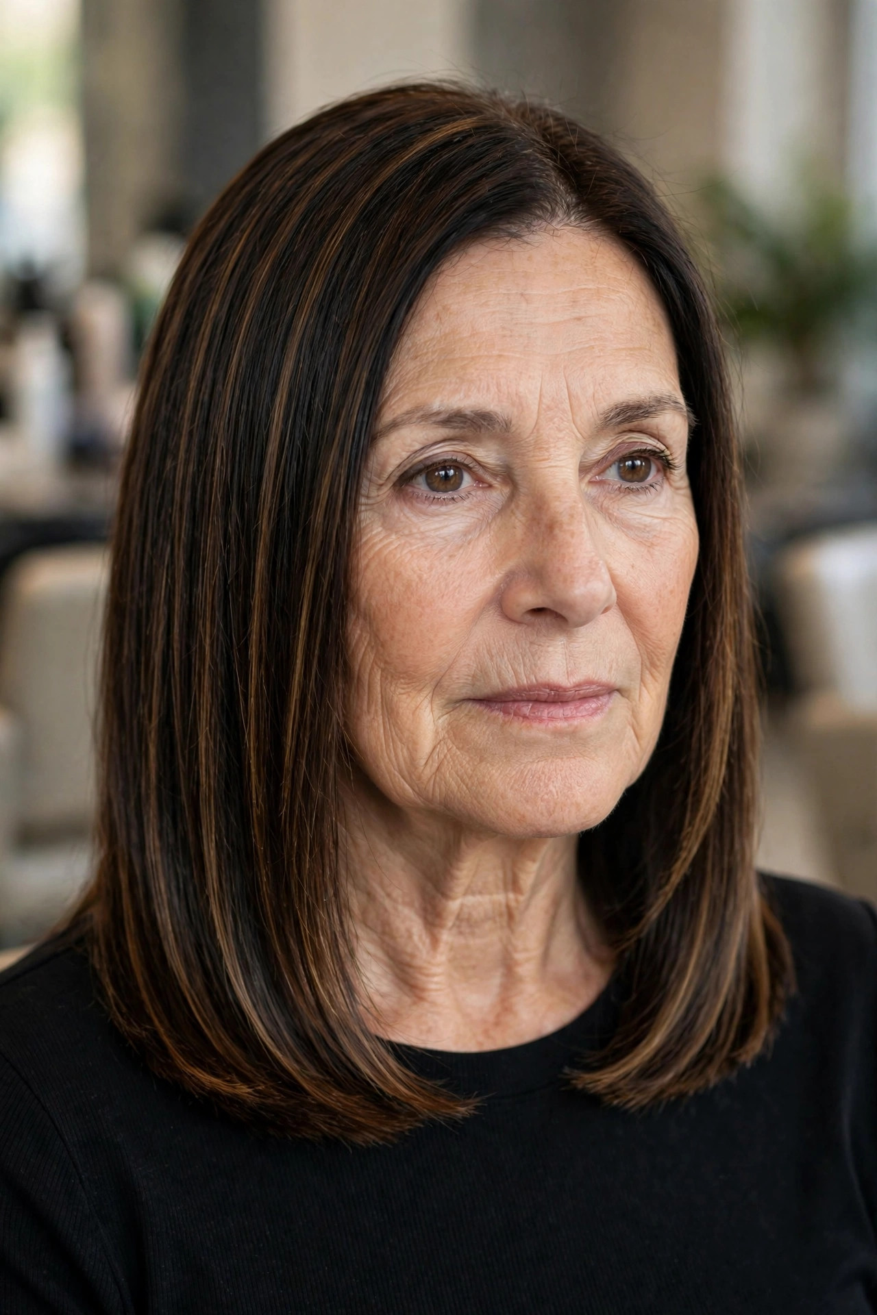 Sleek Straight Layers with Blunt Ends - shoulder length layered haircut on a woman over 50