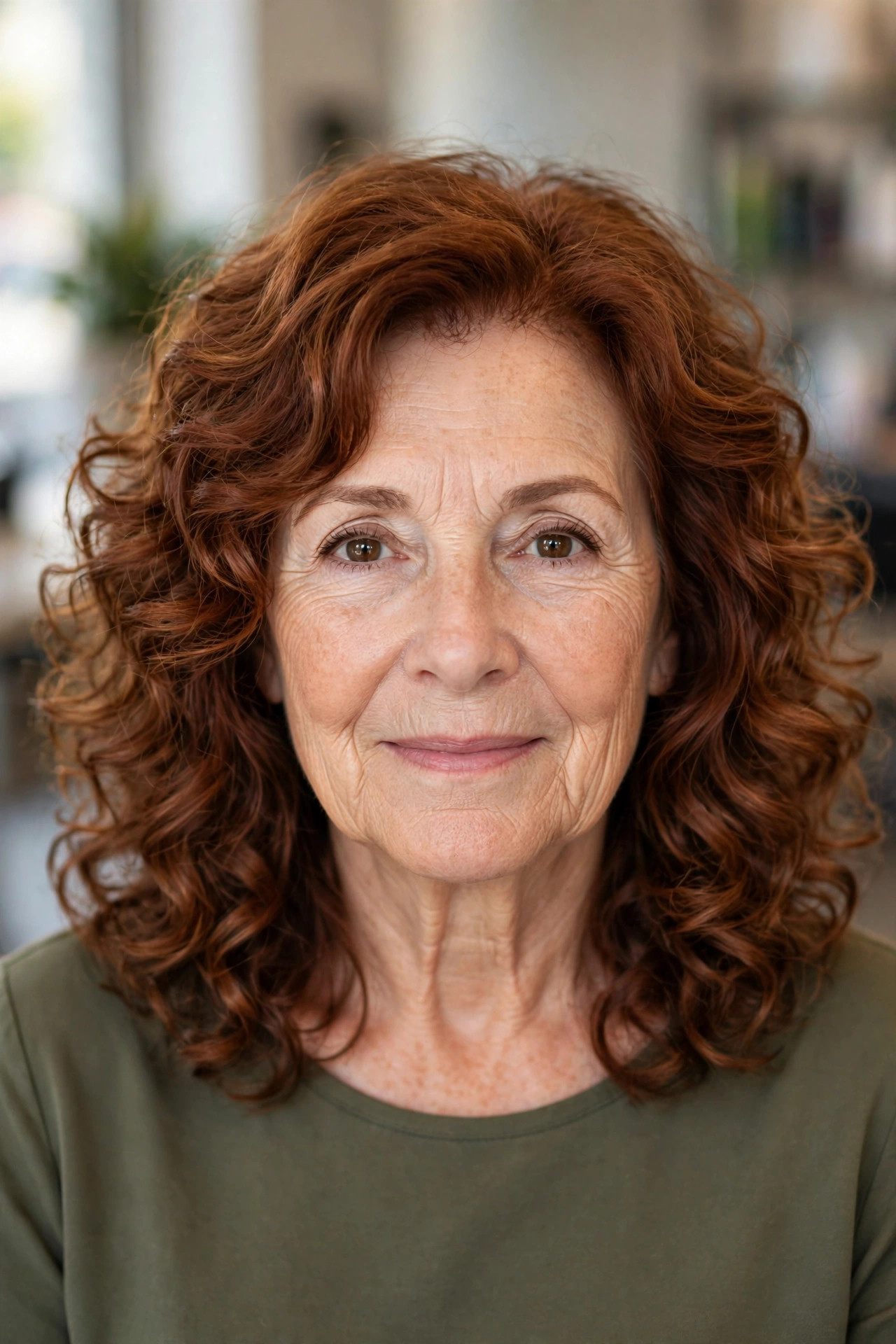 Curly Shoulder-Length Layers in Auburn - shoulder length layered haircut on a woman over 50