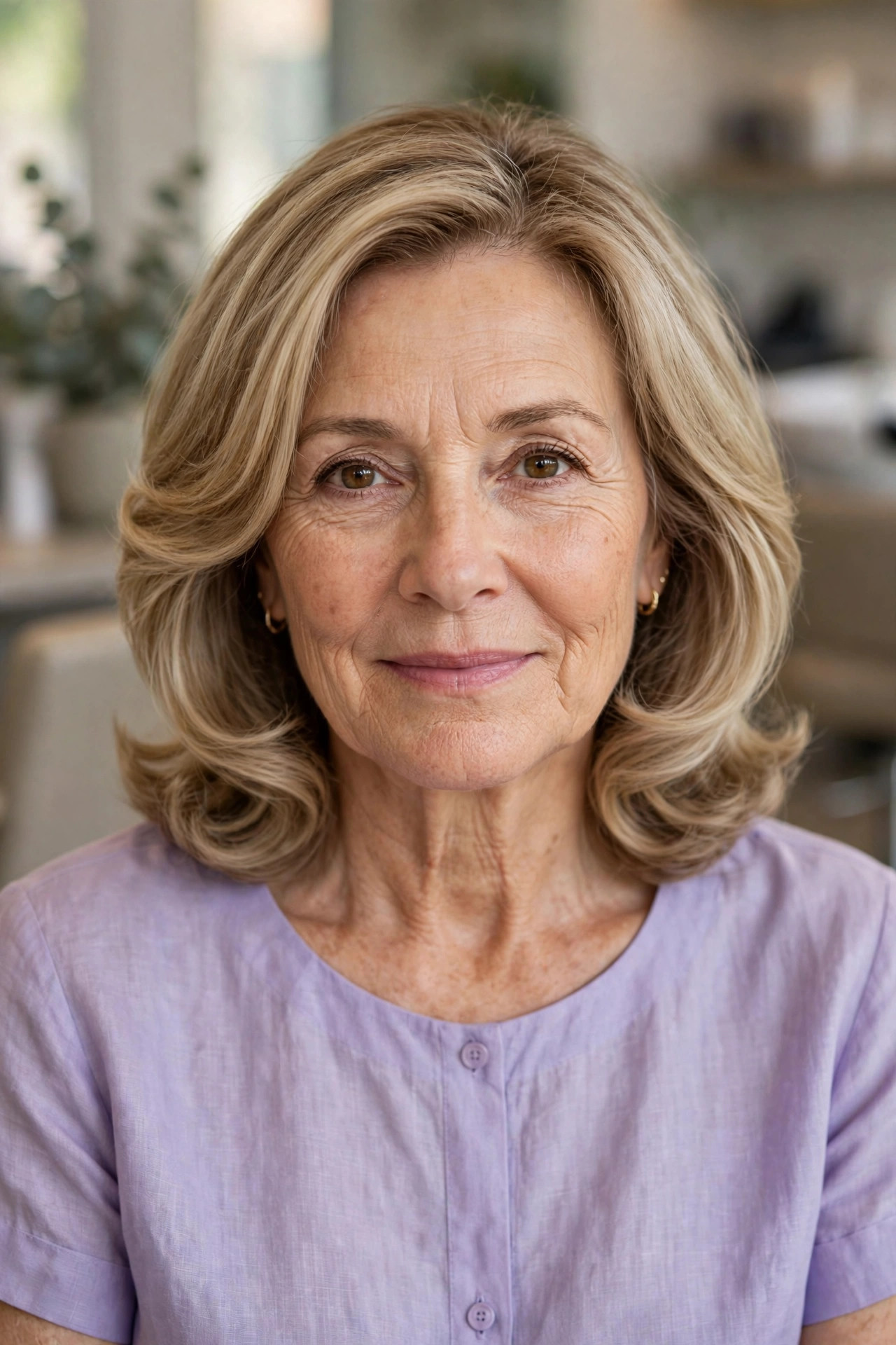 Soft C-Curve Layers in Beige Bronde - shoulder length layered haircut on a woman over 50