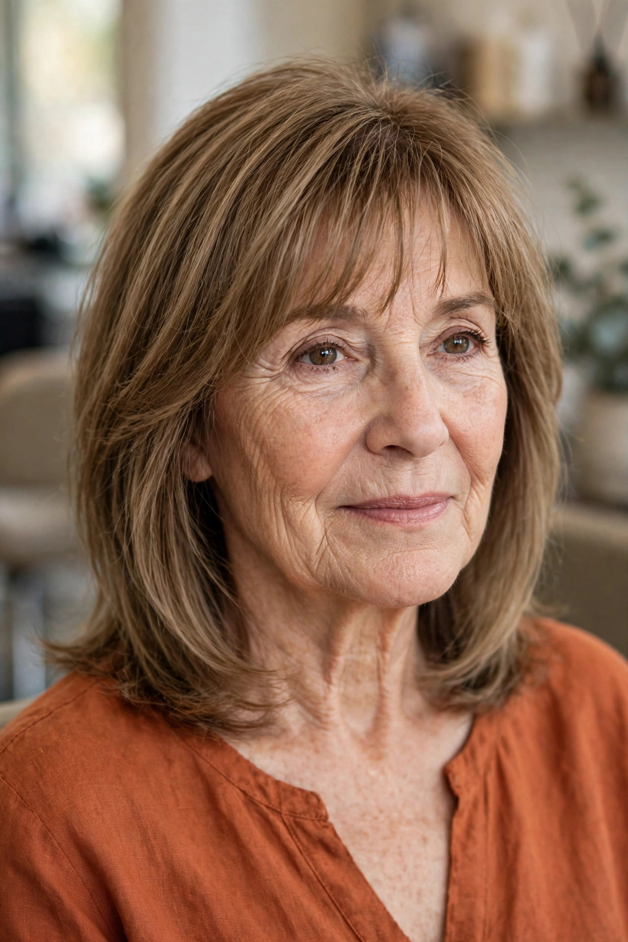 Layered Cut with Wispy Bangs in Light Brown - shoulder length layered haircut on a woman over 50