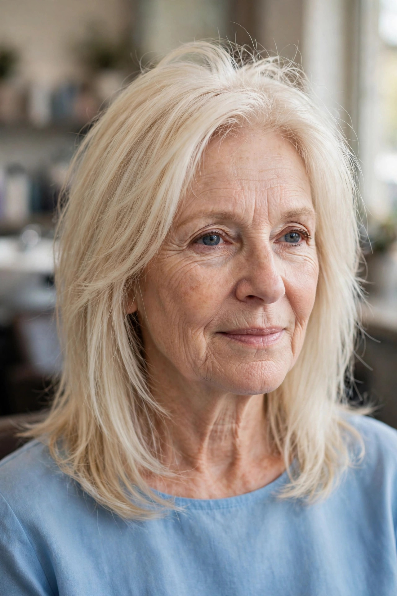 Crown-Volume Layers for Fine Hair - shoulder length layered haircut on a woman over 50