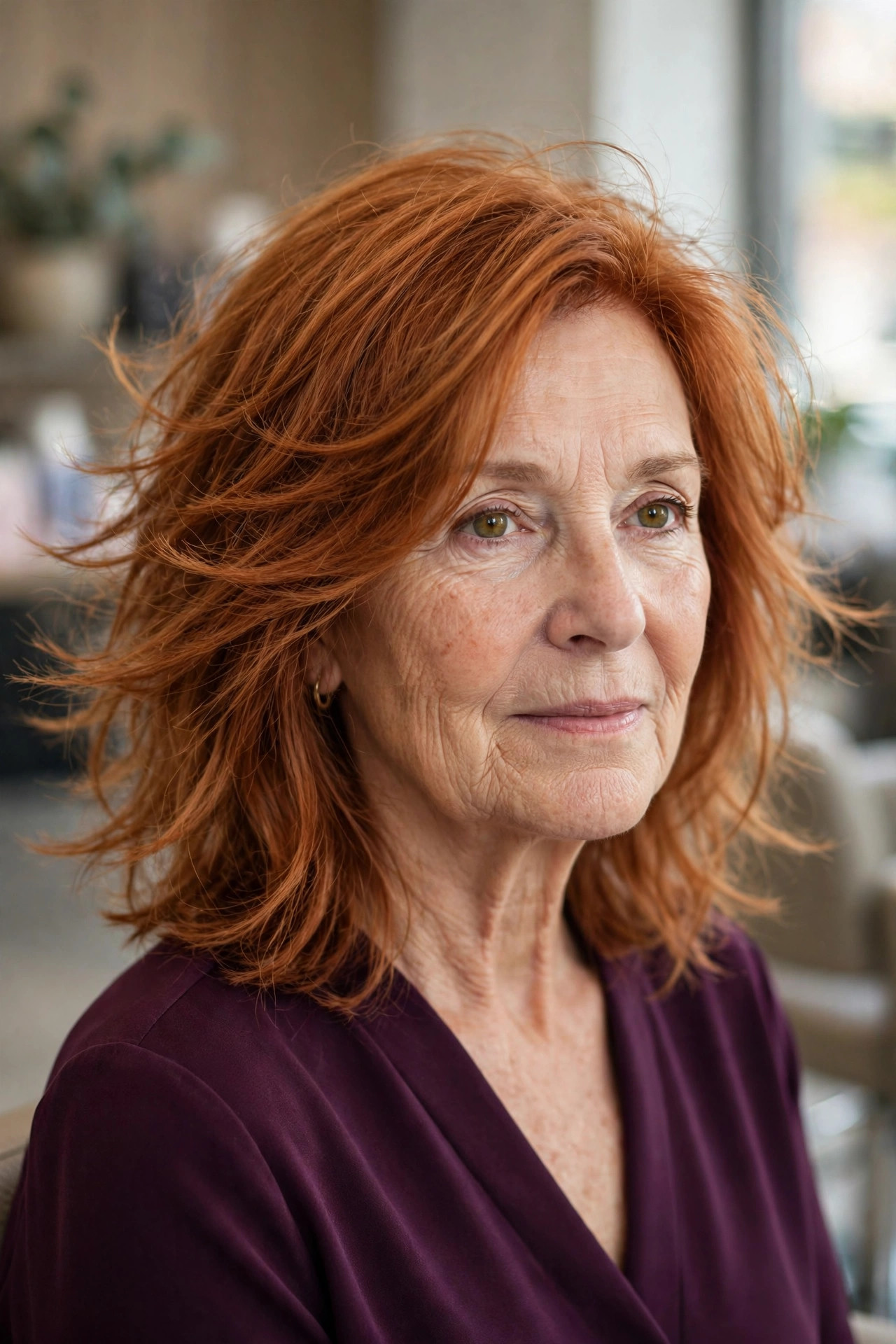 Razored Shoulder-Length Layers in Copper Cinnamon - shoulder length layered haircut on a woman over 50