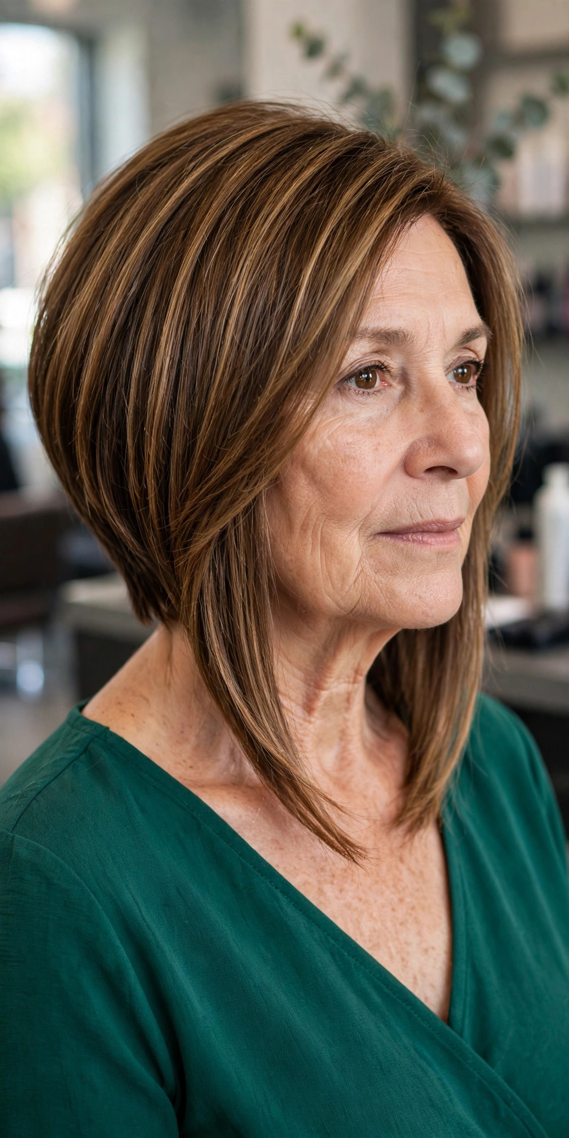 Angled Layered Lob with Caramel Highlights - shoulder length layered haircut on a woman over 50