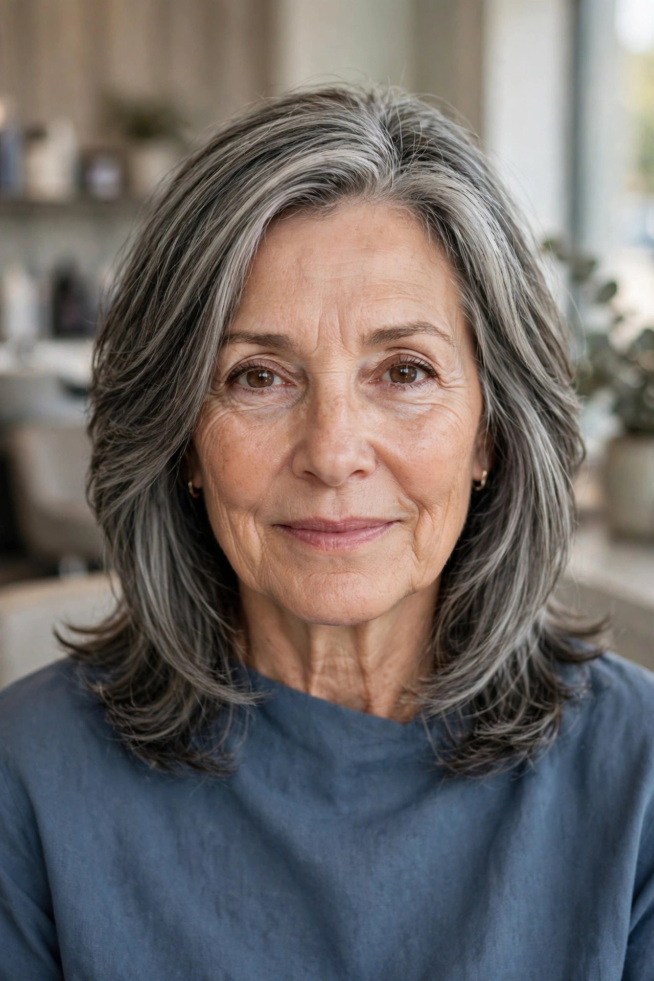 Gray-Blending Layers with Lowlights in Silver - shoulder length layered haircut on a woman over 50