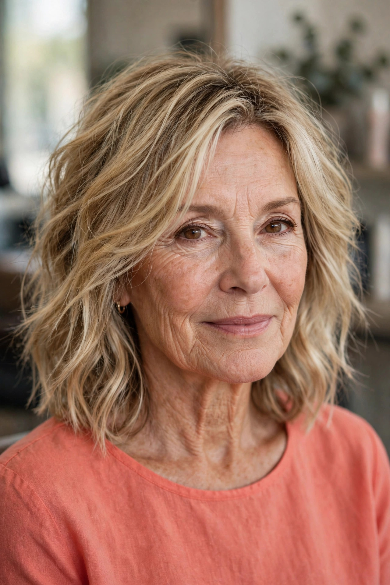Beachy Textured Layers in Sandy Blonde - shoulder length layered haircut on a woman over 50