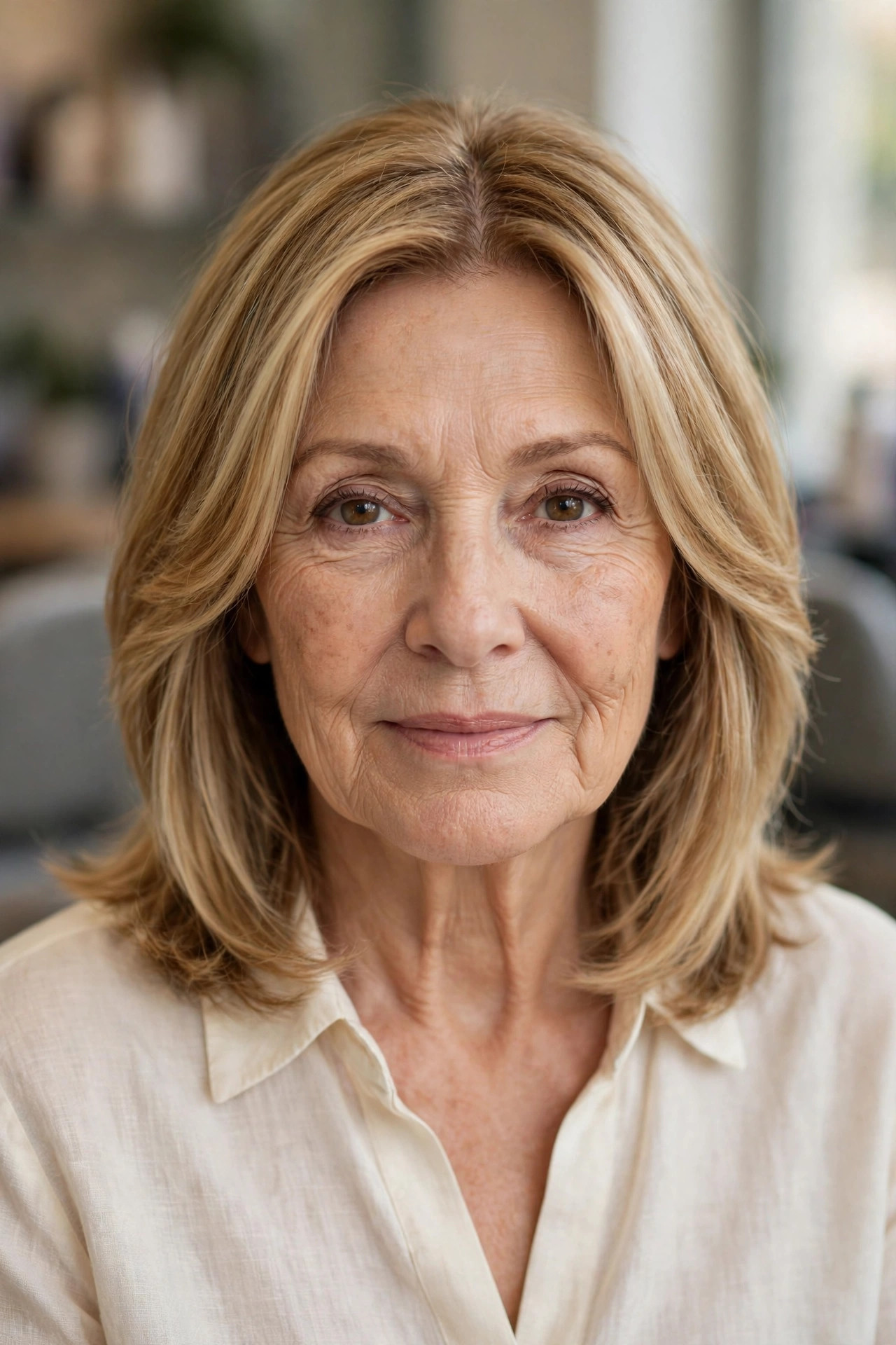 Face-Framing Layers with a Center Part - shoulder length layered haircut on a woman over 50